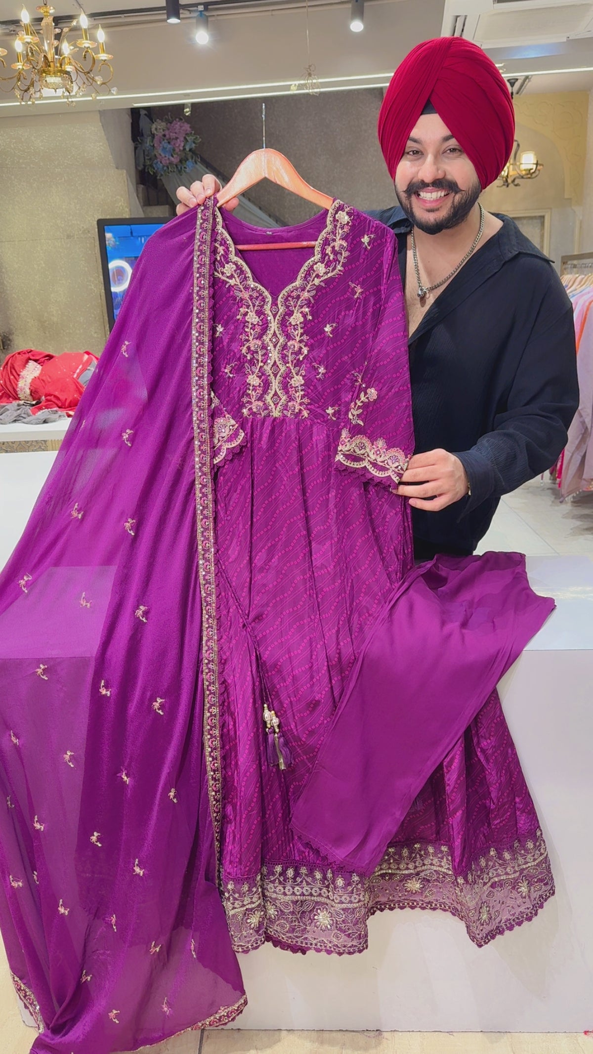 Wine Crepe Bandhej Print Embroidered Party Wear Anarkali Suit