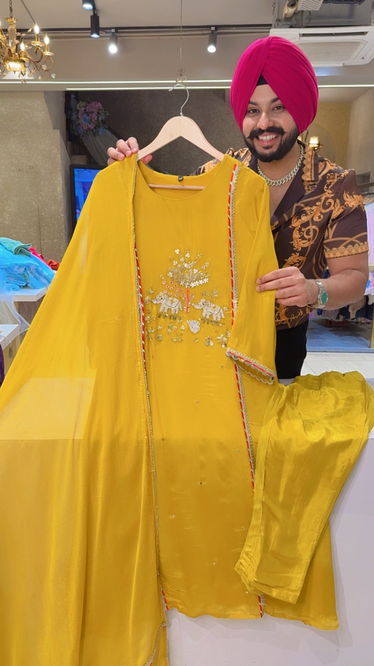 Yellow Premium Chinon Beautiful Elephant Hand embroidered A-line Party wear suit