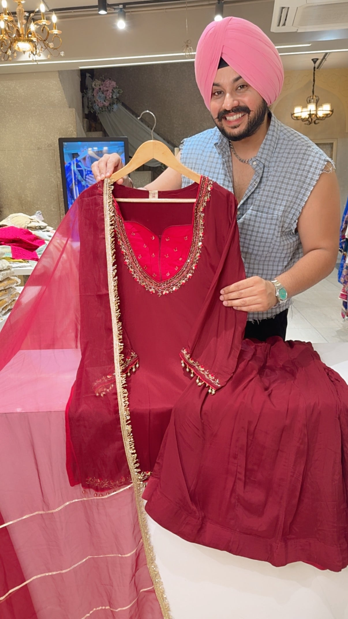 Maroon Chinon Designer Neck Hand embroidered Full Flair Party wear Sharara suit with Beautiful Organza Duppata