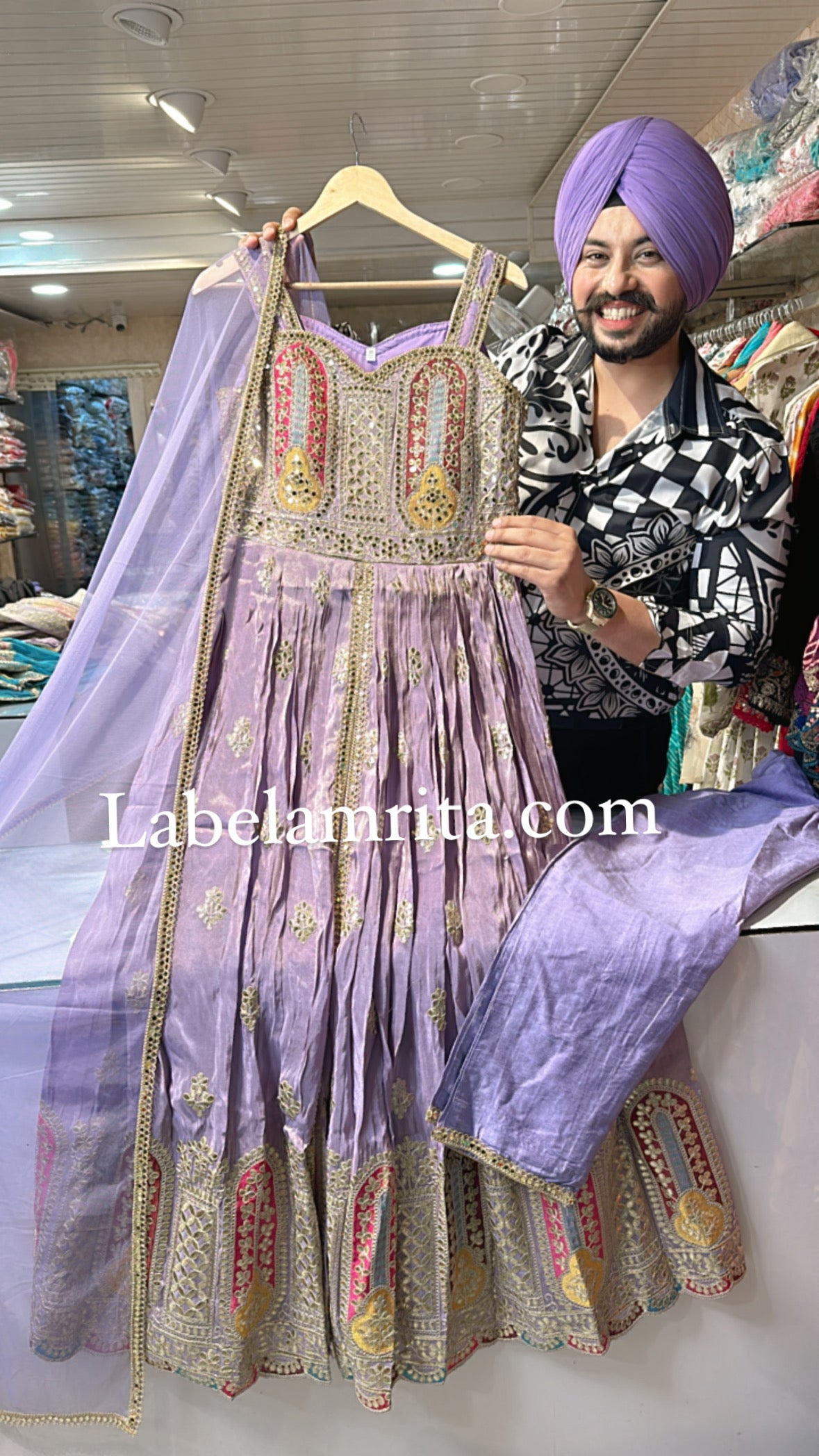Purple Chinon Front slit Anarkali suit with All over Embroidery work