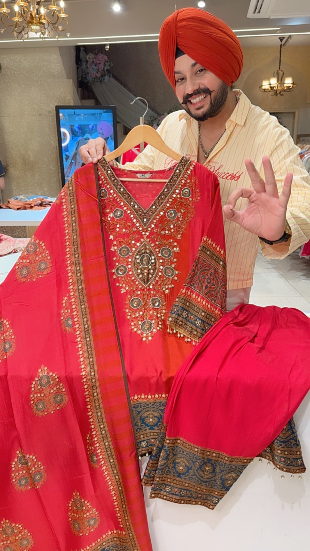 Red Soft Silk Hand embroidery work C-Cut Farshi Salwar