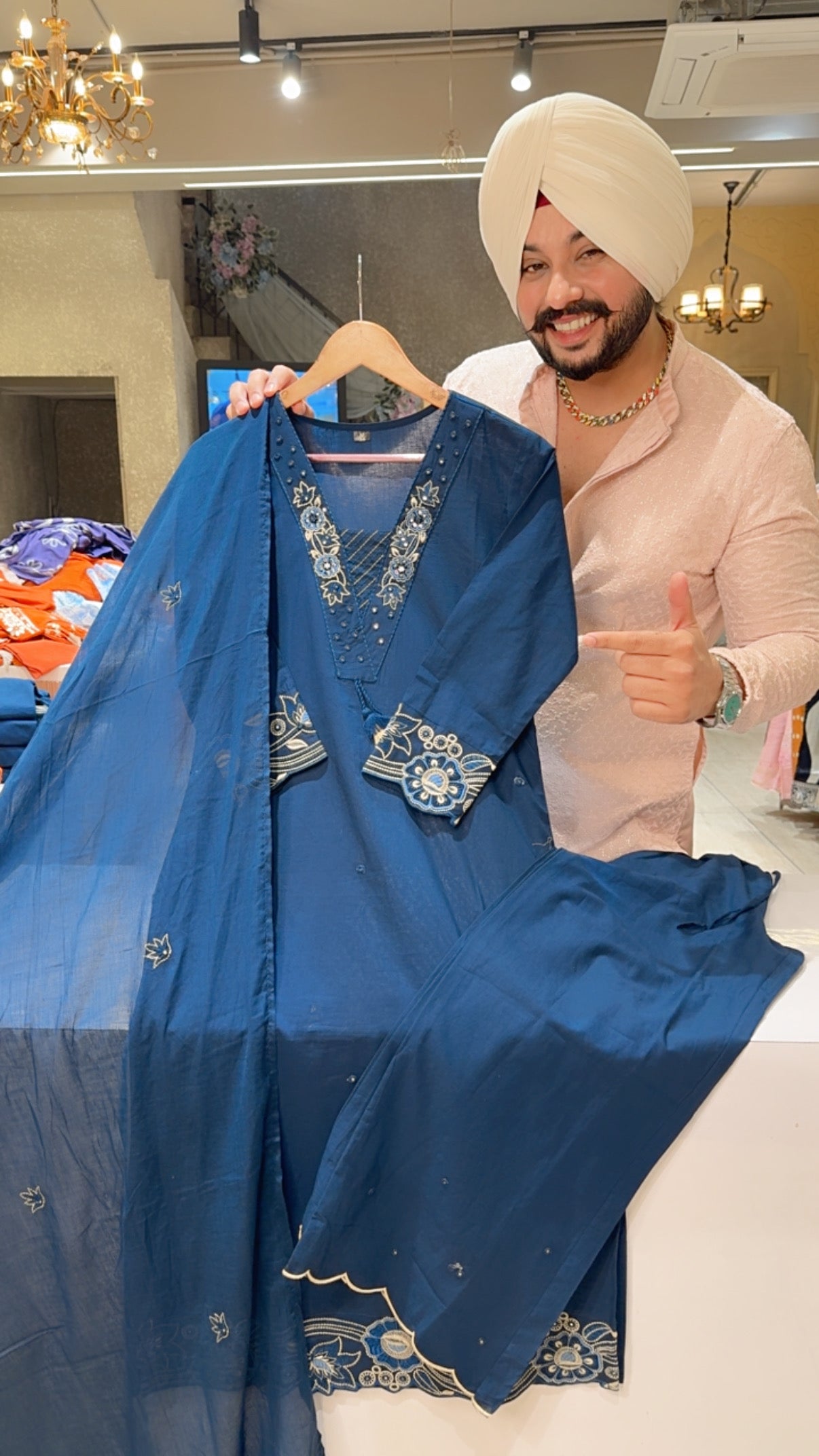 Blue Pure Cotton Semiformal Straight Suits with Beautiful Embroidery Work on it