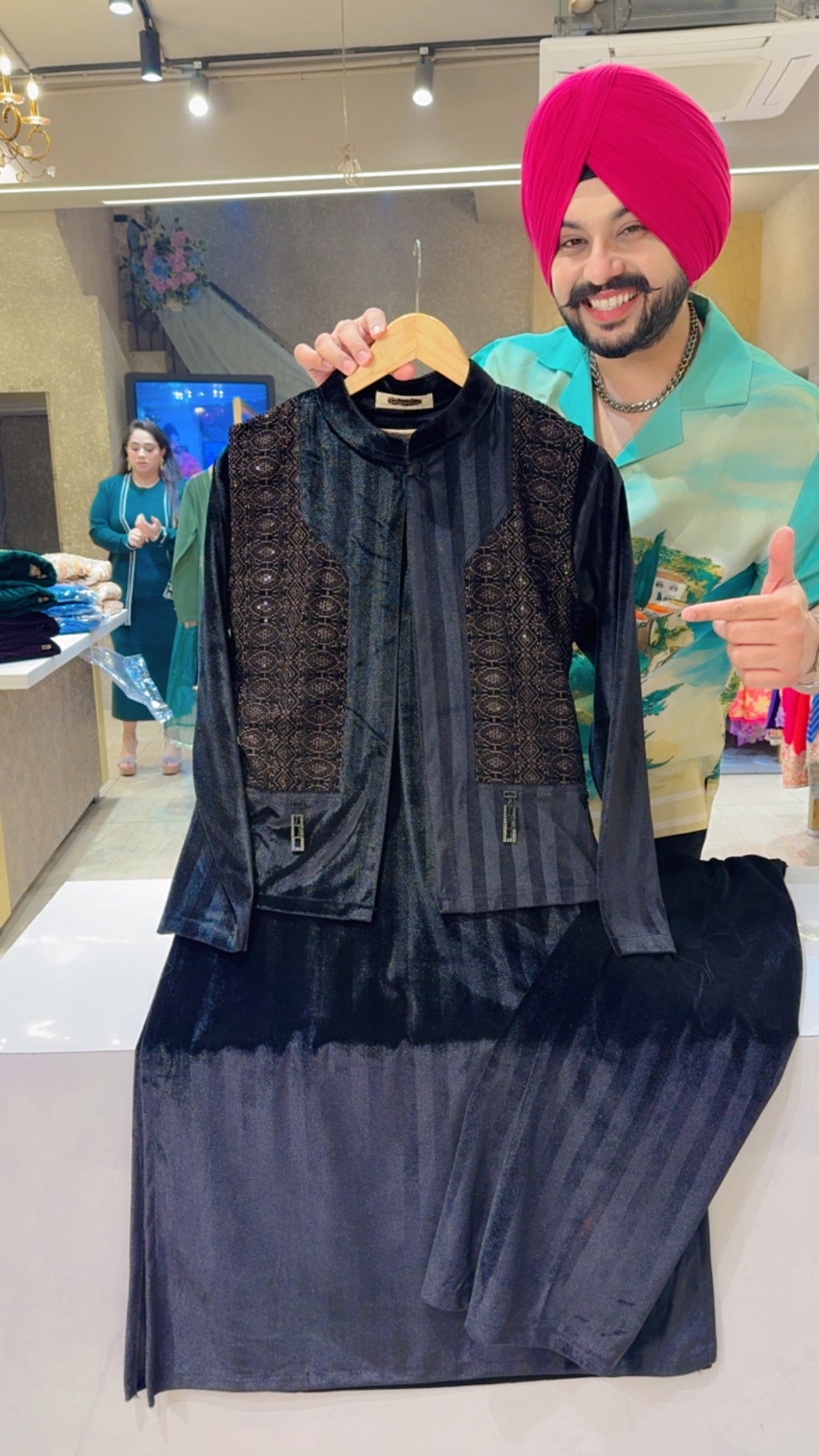 Black Stretchable Velvet Partywear Long length Coord set with Embroidered Short Jacket