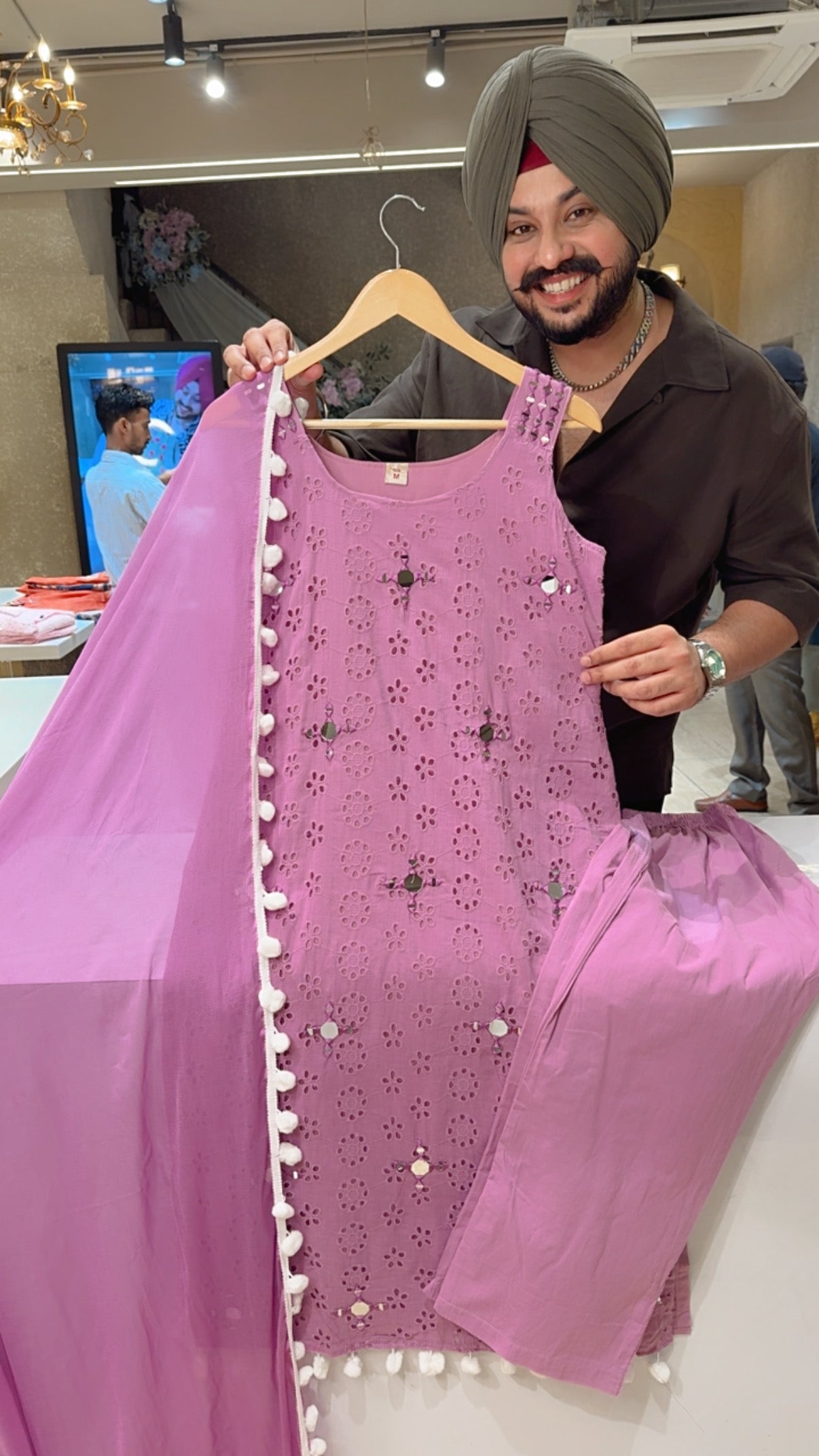 Lilac Pure Cotton Shifli Chicken & Mirror Work Cutsleeves Pom-Pom Girlish Suit