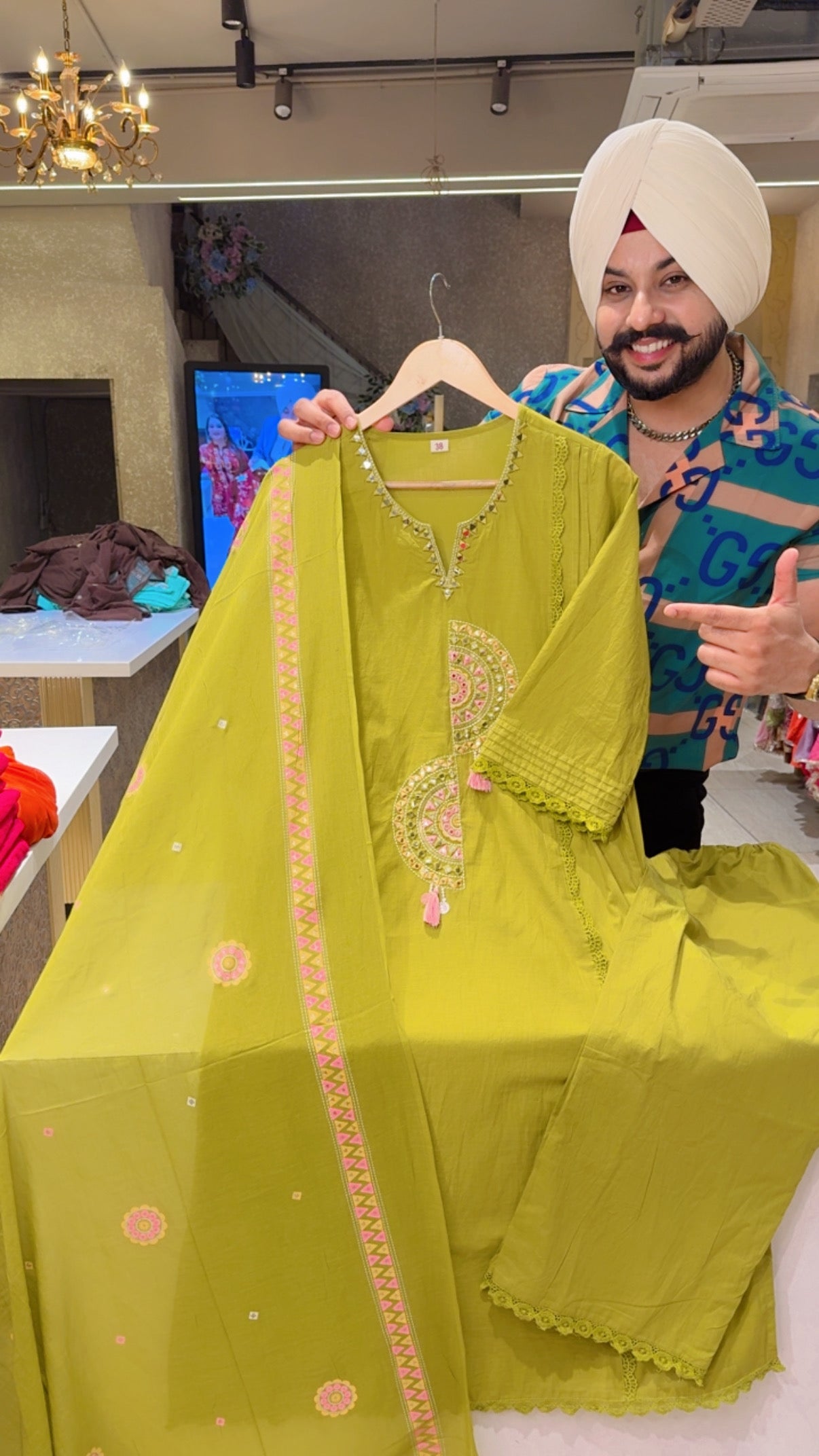 Light Mehendi Pure Cotton Office Wear Embroidered Suit with Beautiful Duppata