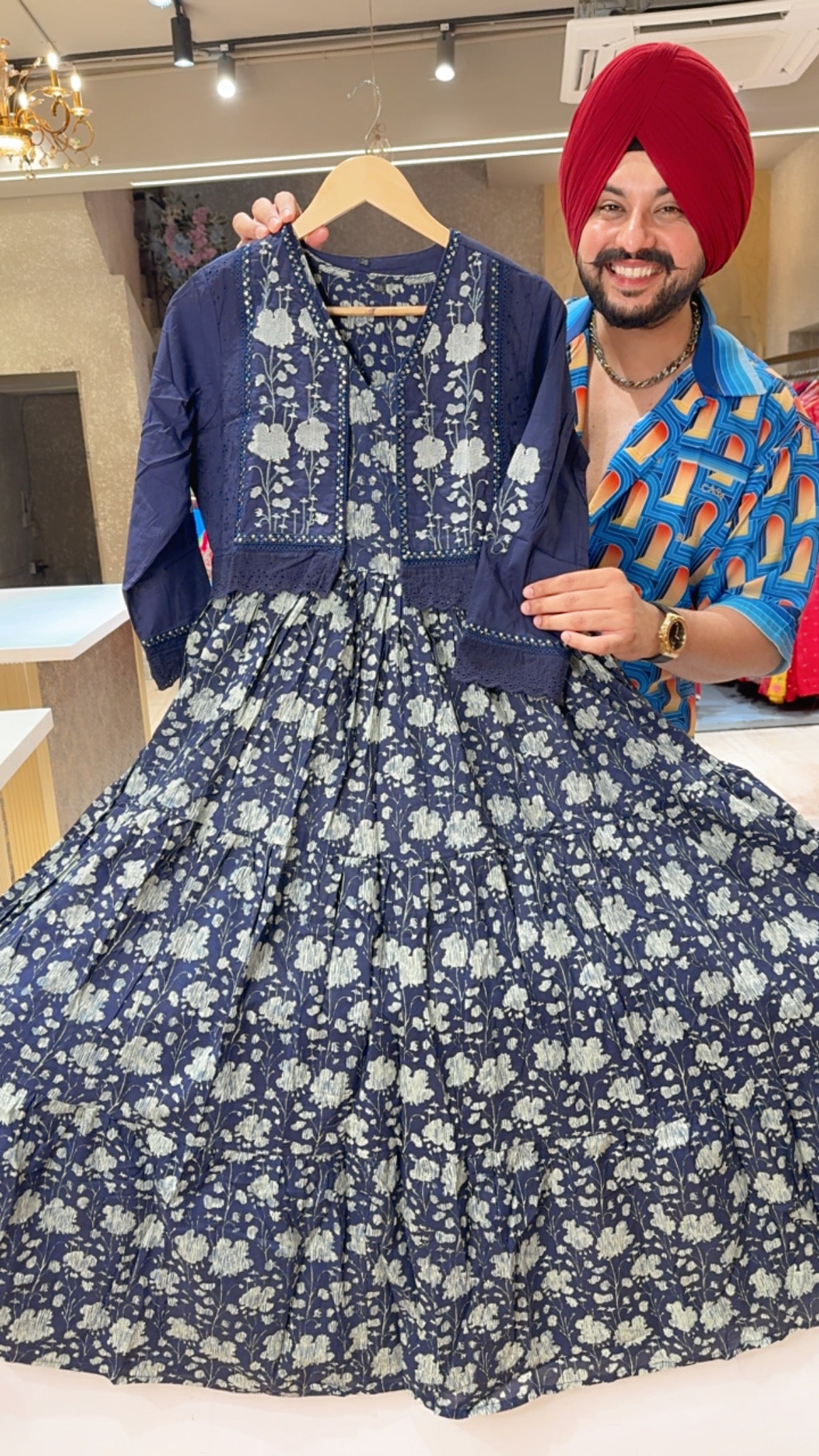 Dark blue Pure Cotton Floral Print Indowestern Dress with Embroidered Jacket