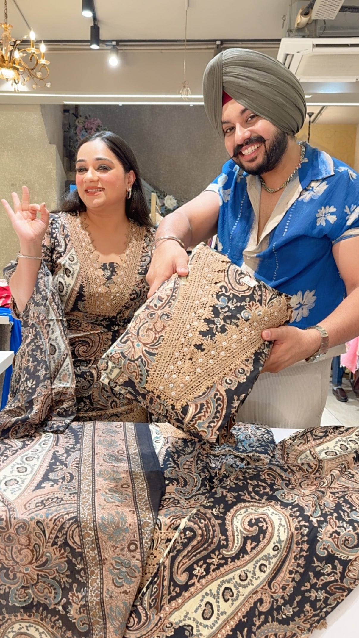 Black & beige pure Cotton Crochet Kalamkari Indo western suit