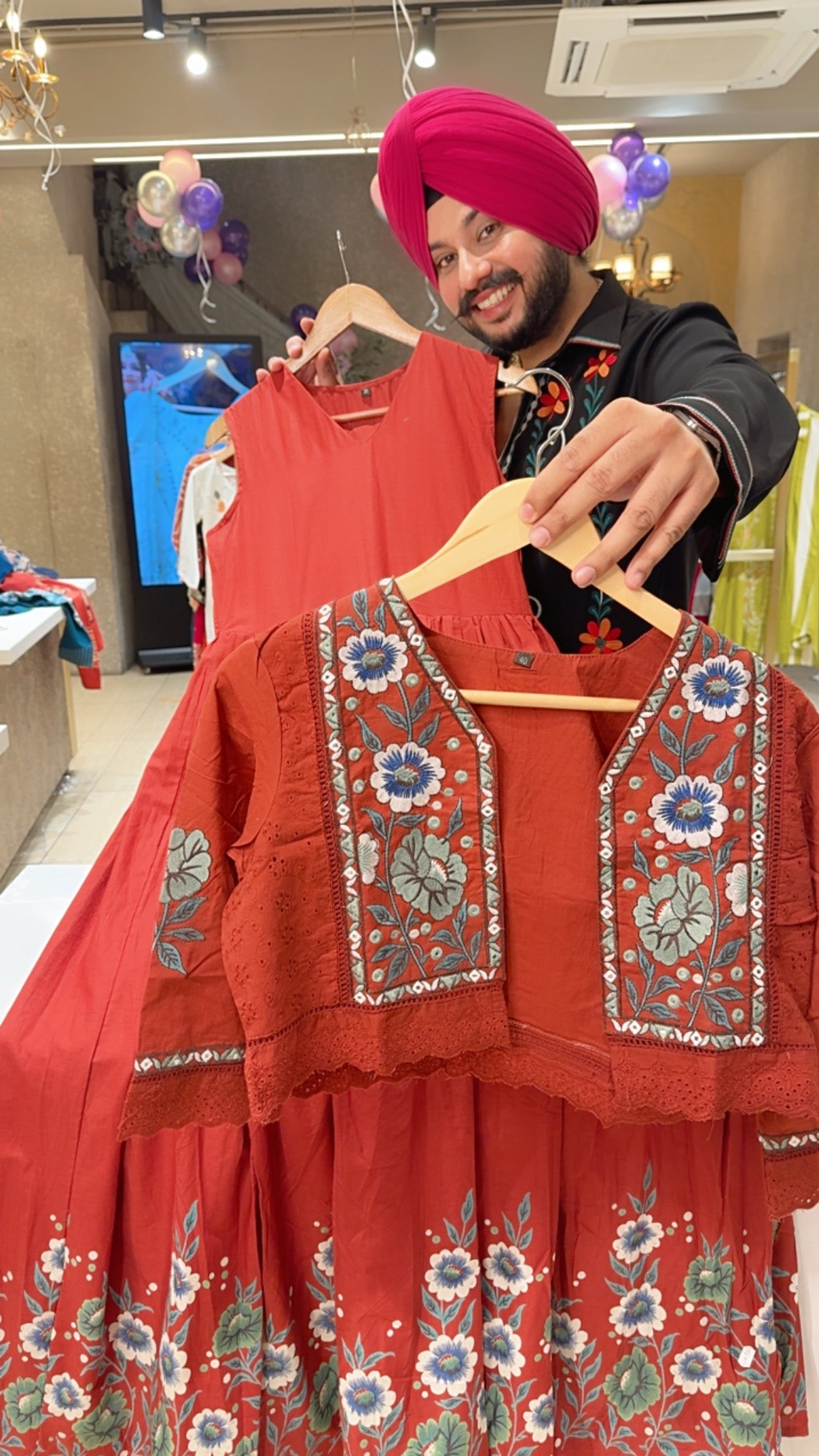 Rust Pure Cotton Full Flair Indowestern Dress with stylish Embroidered Short jacket