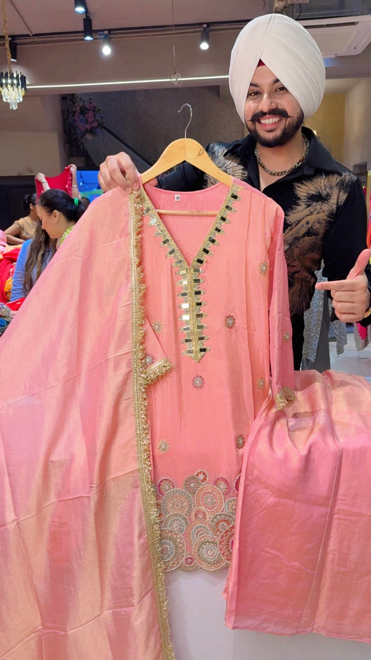 Peachish Pink Shimmer Silk Heavy hand Embroidered Indowestern Suit
