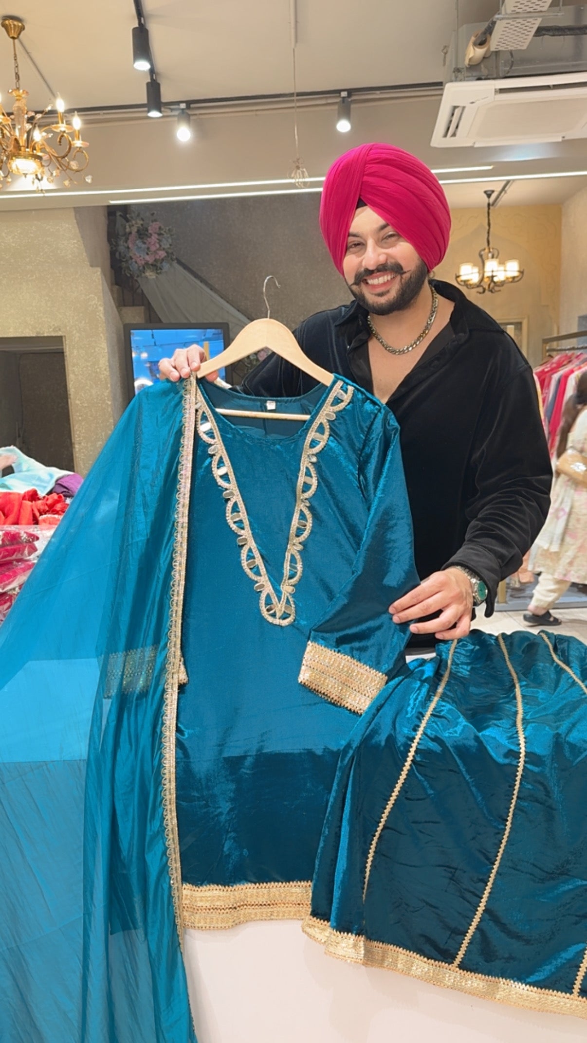 Peacock Glossy Velvet Party Wear Sharara Set with soft Organza Duppata