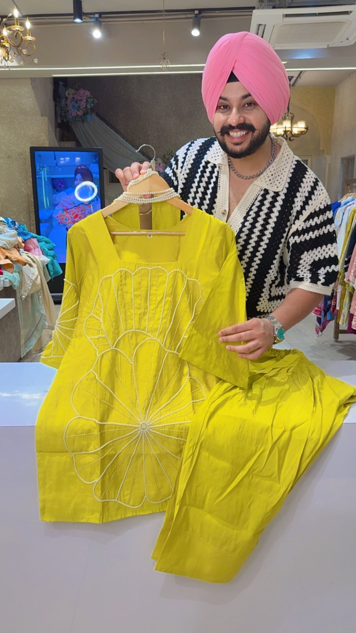 Lemon Yellow Soft Silk Pearl Hand embroidered Party Wear Farshi Salwar Suit with Pearl Neclace Duppata