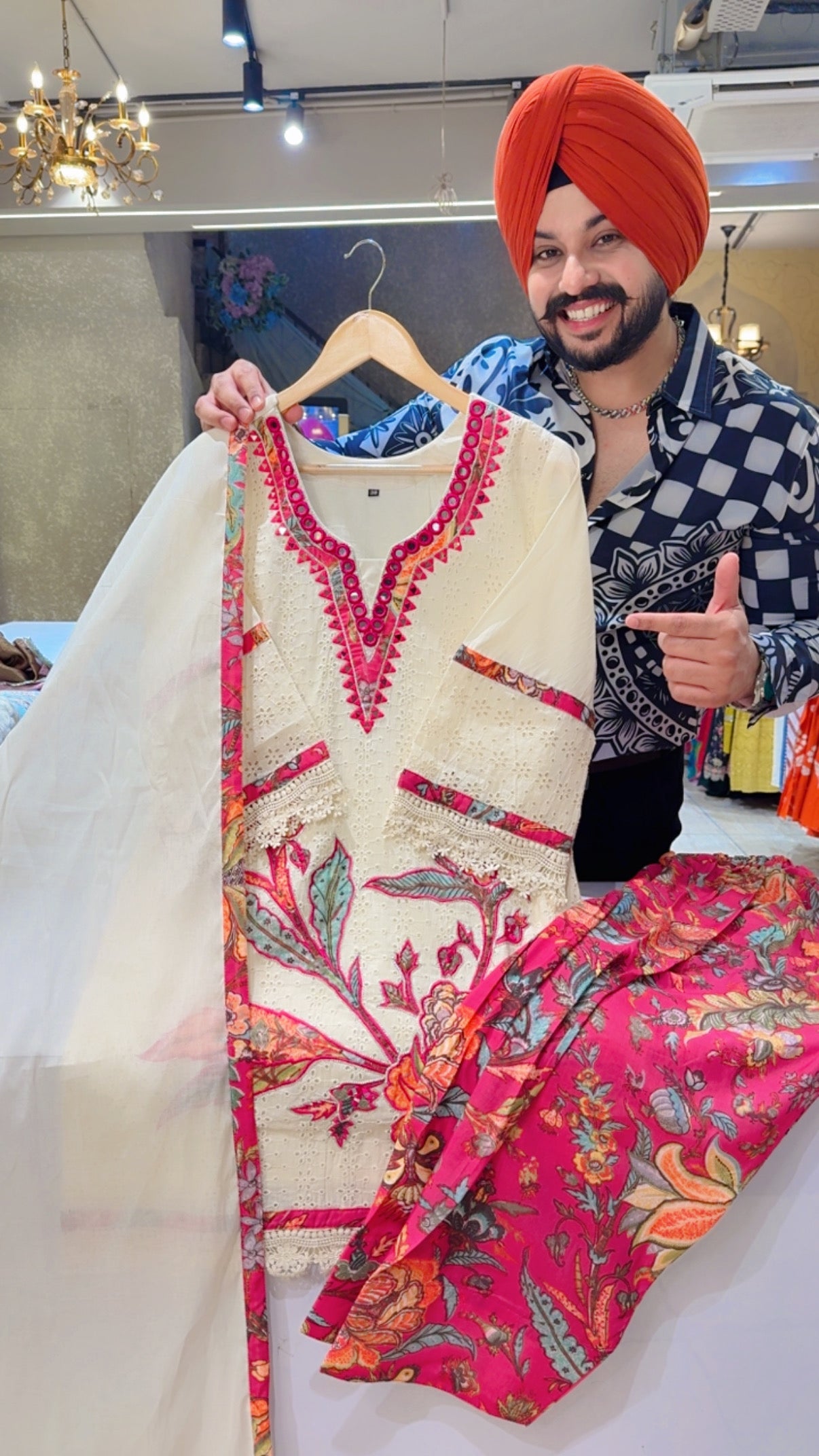 Off White & Rani Kora Cotton Beautiful Mirror Embroidered & Shifli Work Indo Western Suit with Stylish Floral Mal Mal Farshi Salwar