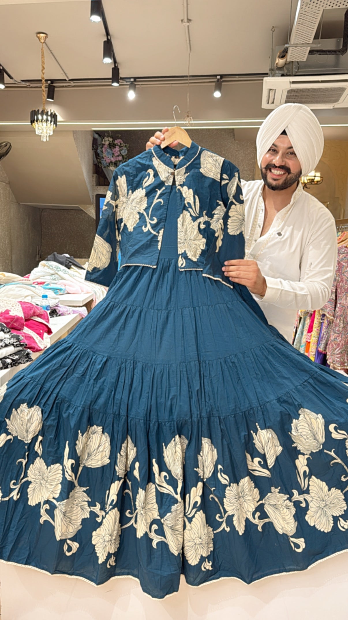 Blue Pure Cotton Full Flair Indowestern Dress with Stylish Short Jacket