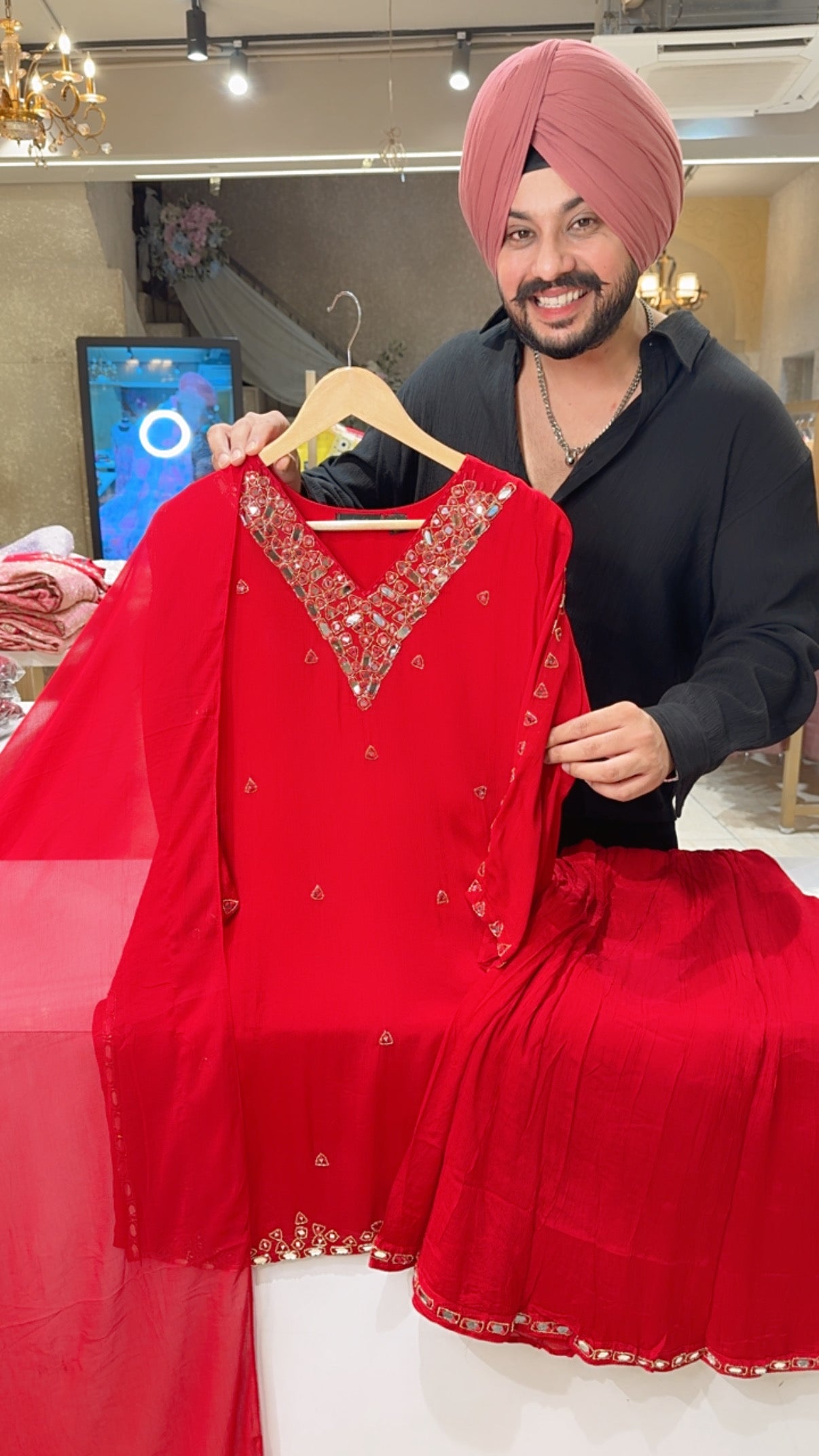 Red Chinon Hand Embroidered & Mirror Work Full Flair Sharara Suit