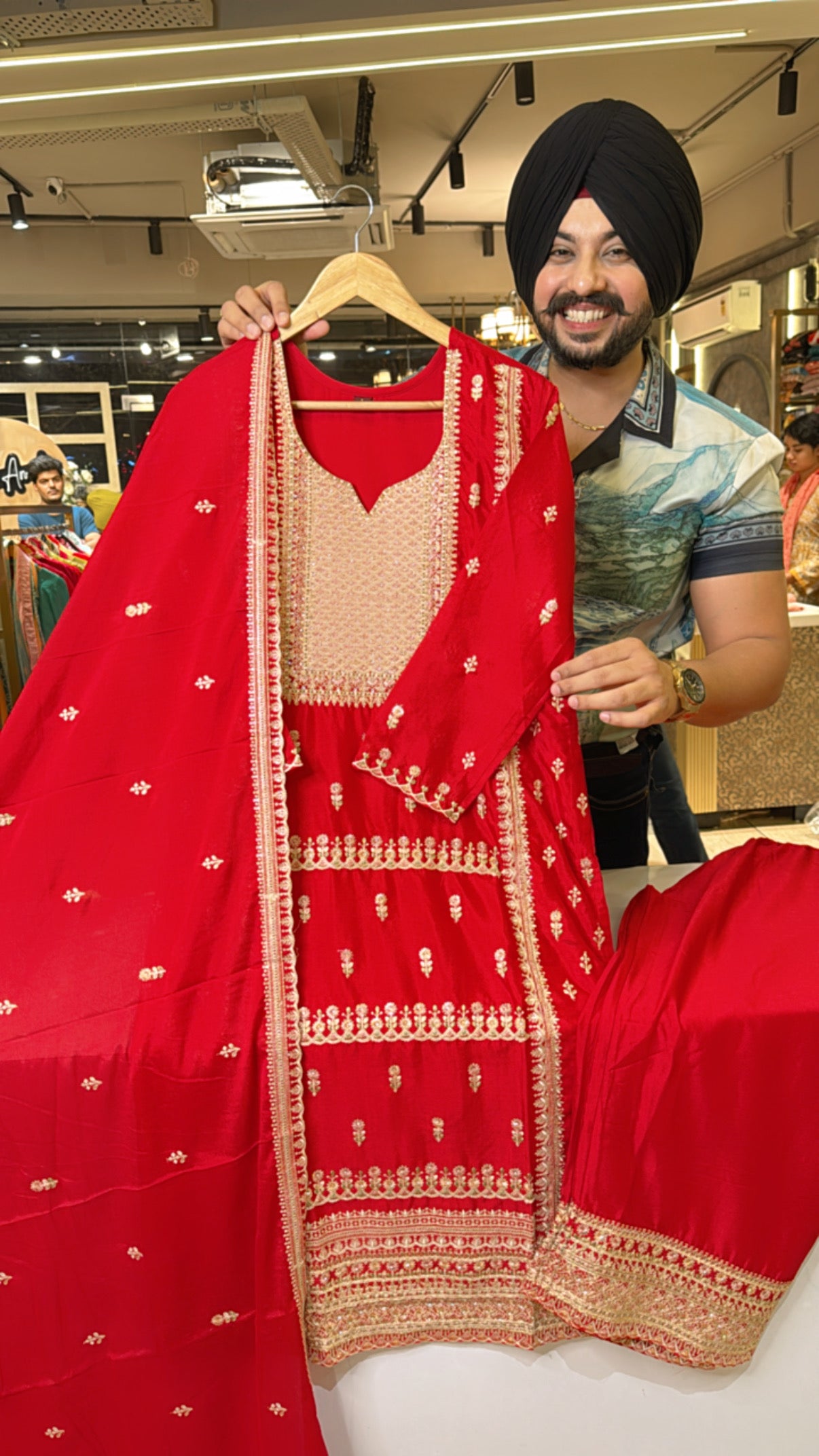 Red Chinon heavy embroidered Straight Plazo suit with beautiful Duppata