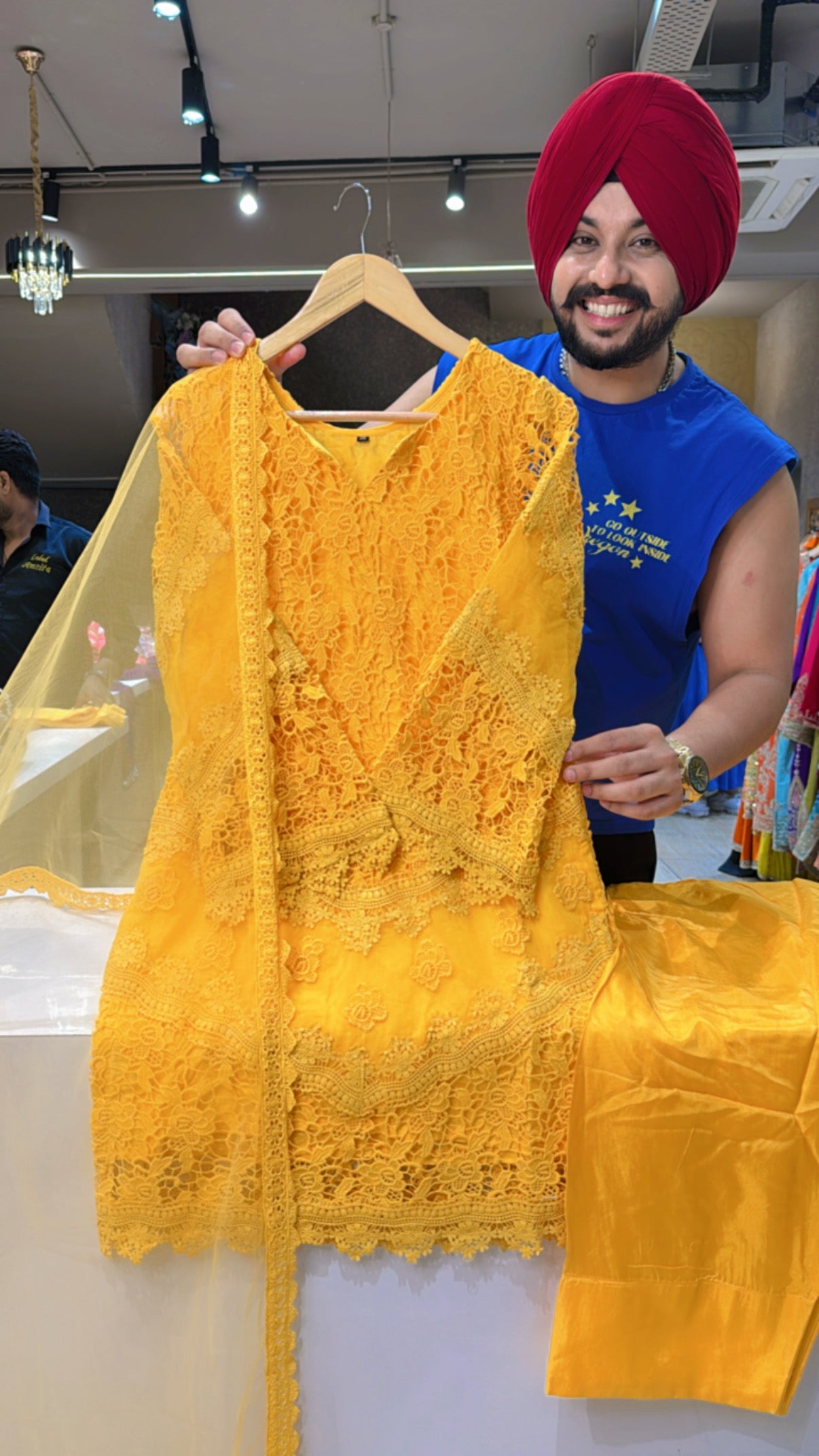 Sun Yellow Heavy Crochet work Designer Farshi Salwar Suit with Beautiful Net Duppata