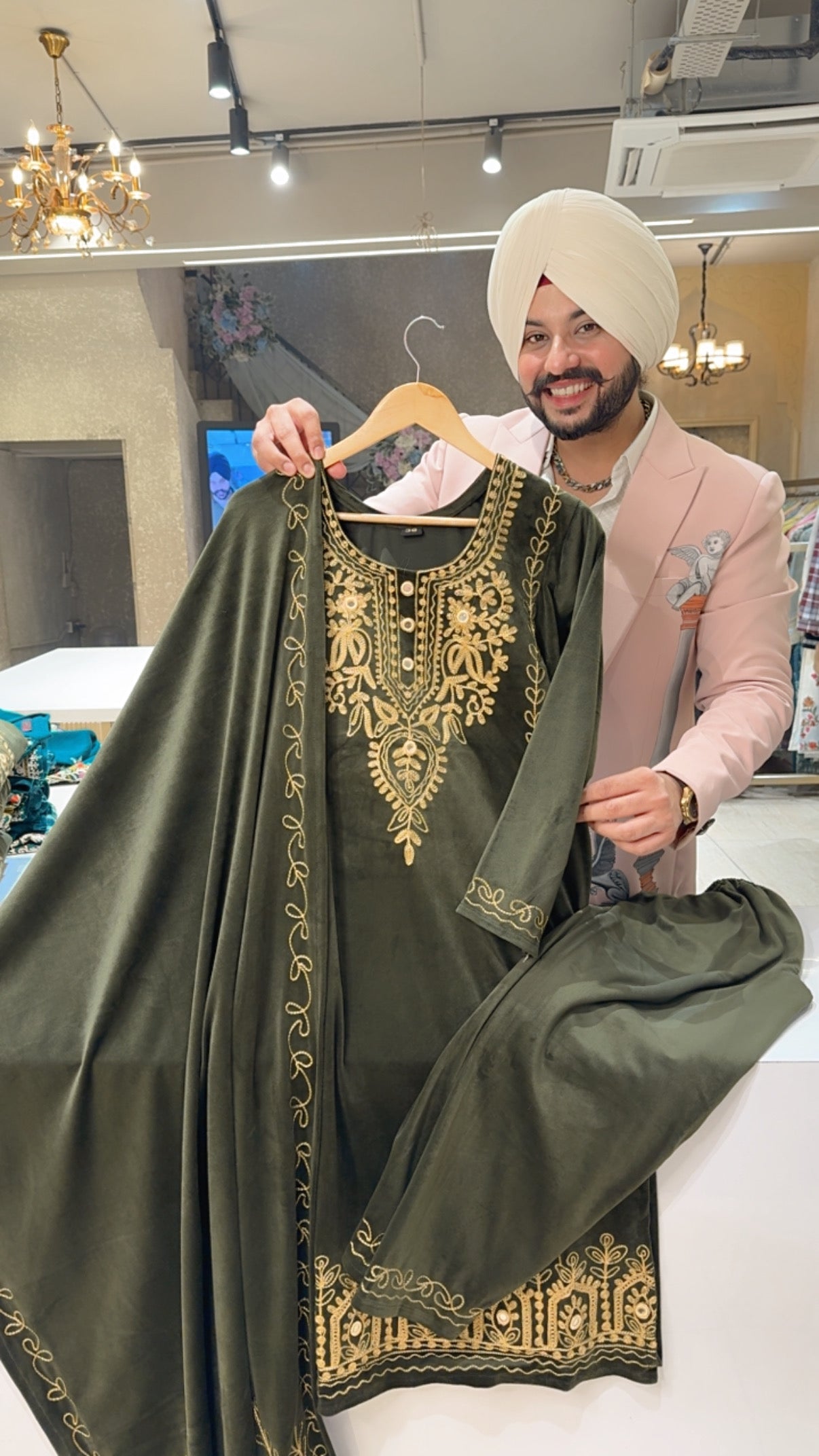 Dark olive Matt Velvet Embroidered Office Wear Suit