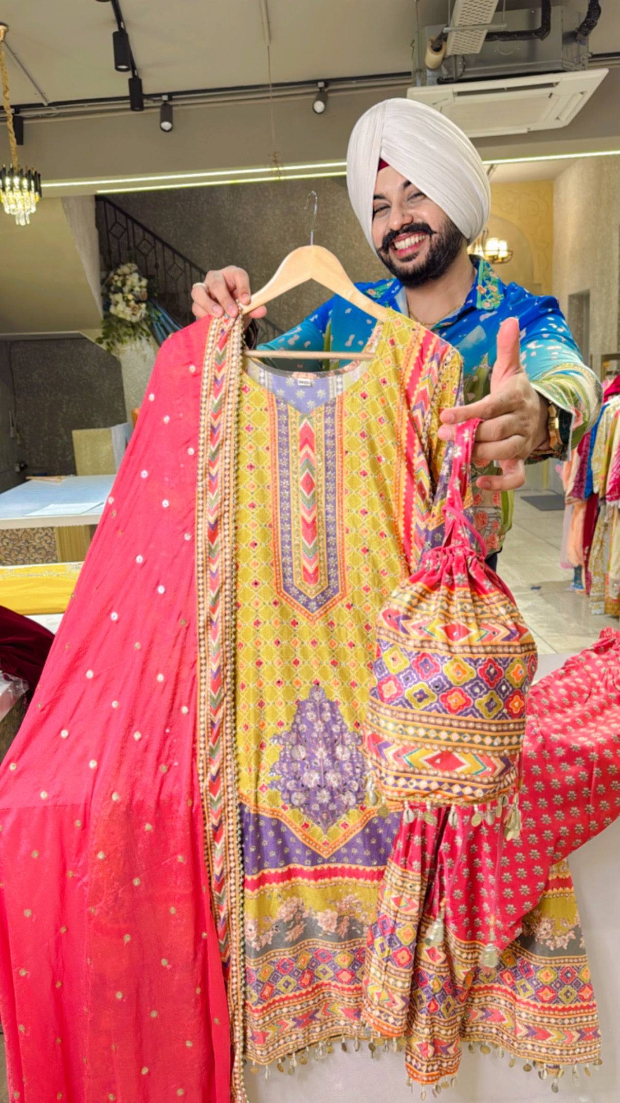 Yellow Velvet Heavy Swarovski Work Pakistani Aline Suit with Cute Potli & chinon Heavy Duppata