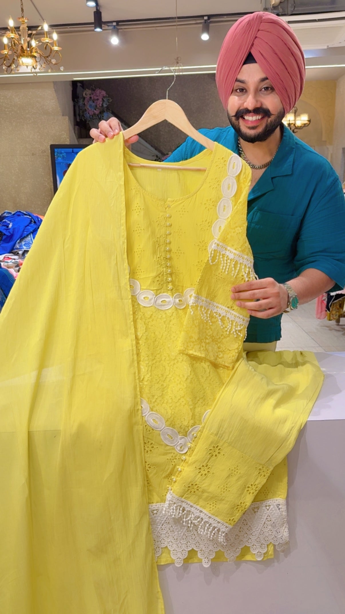 Lemon yellow Cotton Designer Net & Croshet lace Party Wear Suit