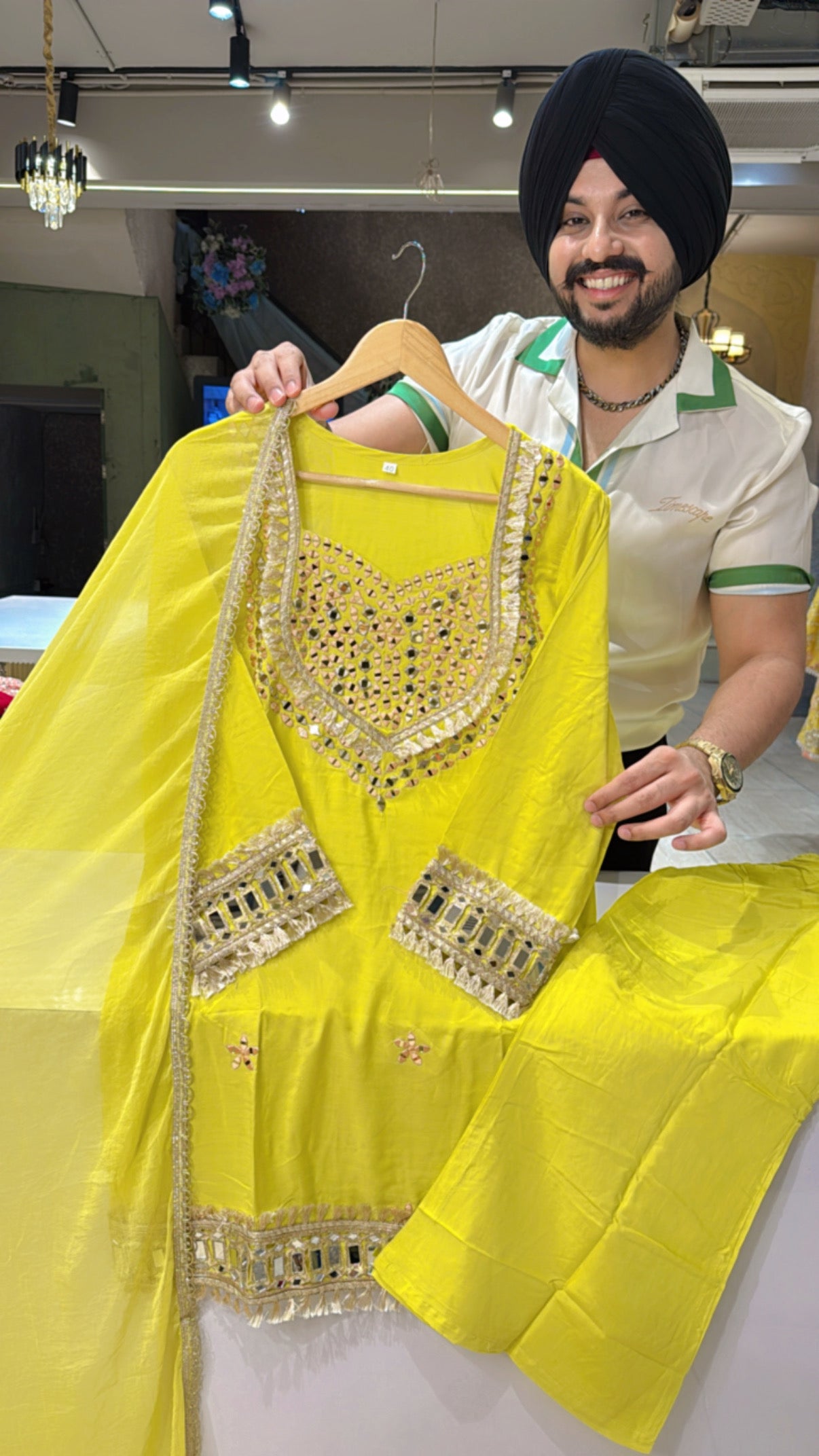Lime Soft Silk Indowestern BellBottom Suit with Mirror Work on it