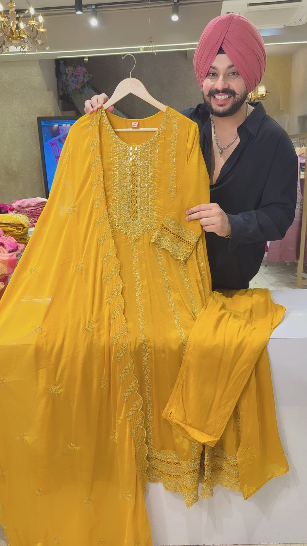 Yellow Chinon Fully Mirror & Embroidery Work karwachauth Anarkali suit