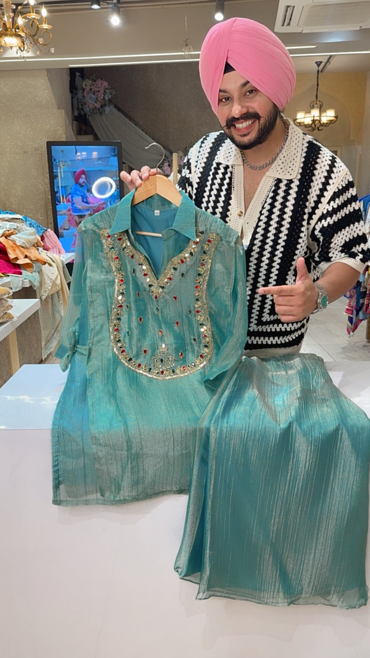 Sea Blue Shimmer Silk Tisue Collar Neck Coord set with Heavy Stone Work Side Knot Jacket