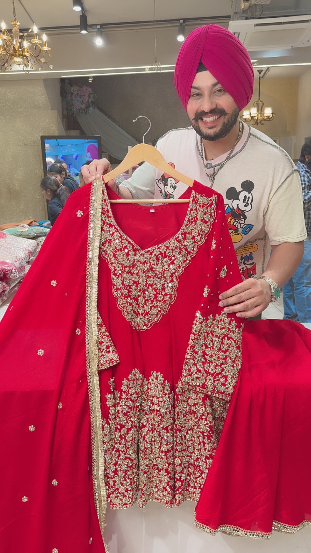 Red Chinon Front & Back Heavy Hand embroidery & Mirror Pasting Paplum Sharara Suit