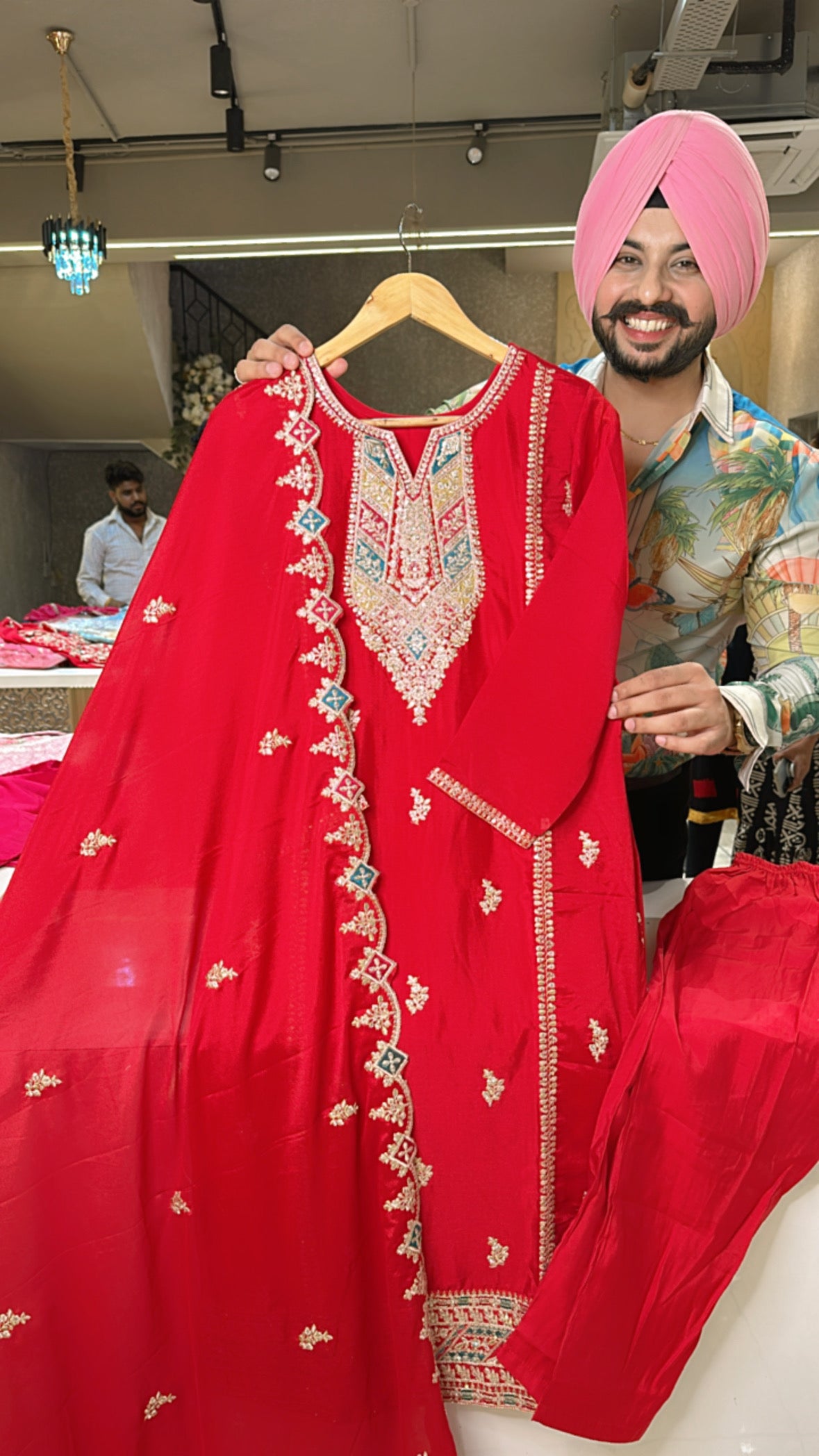 Red Chinon embroidered Straight suit with Beautiful Duppata