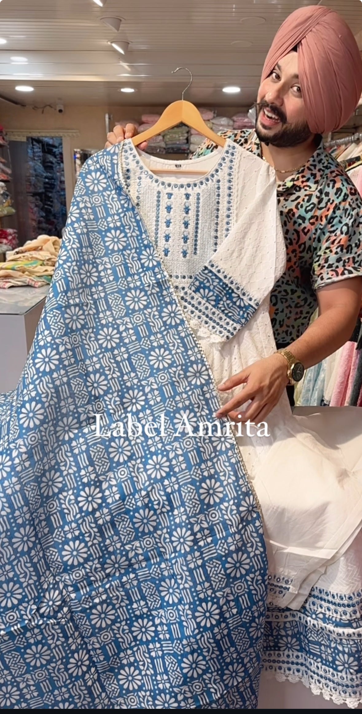 MoonWhite & denim Blue pure cotton embroidered Anarkali Suit