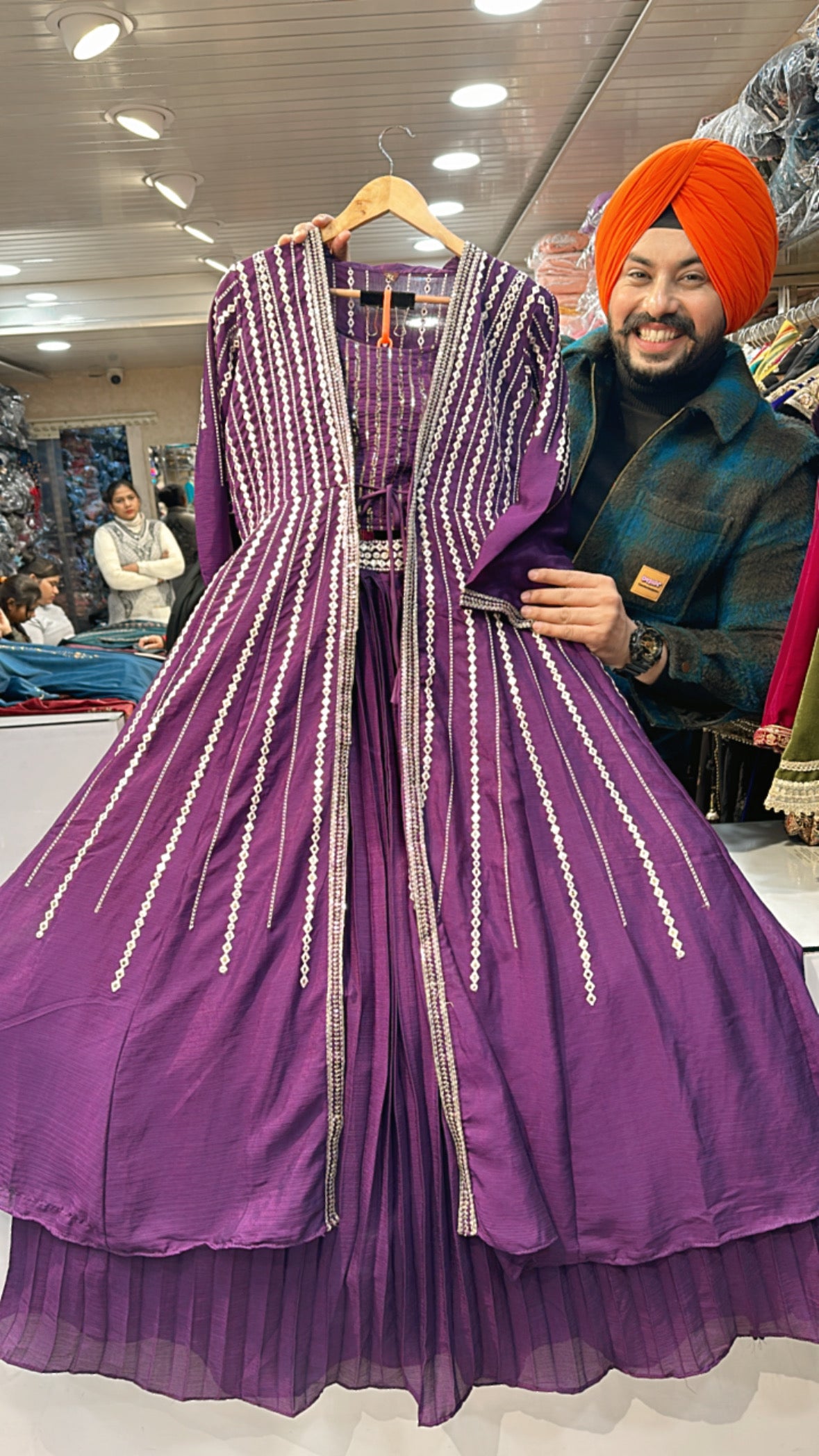 Heavy purple Chinon Crop skirt set with Beautiful Shrug