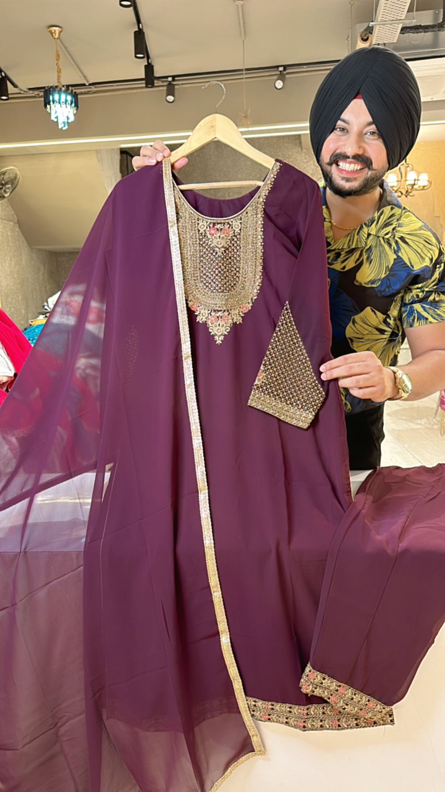 Wine Georgette Straight Suit with Beautiful Embroidery work