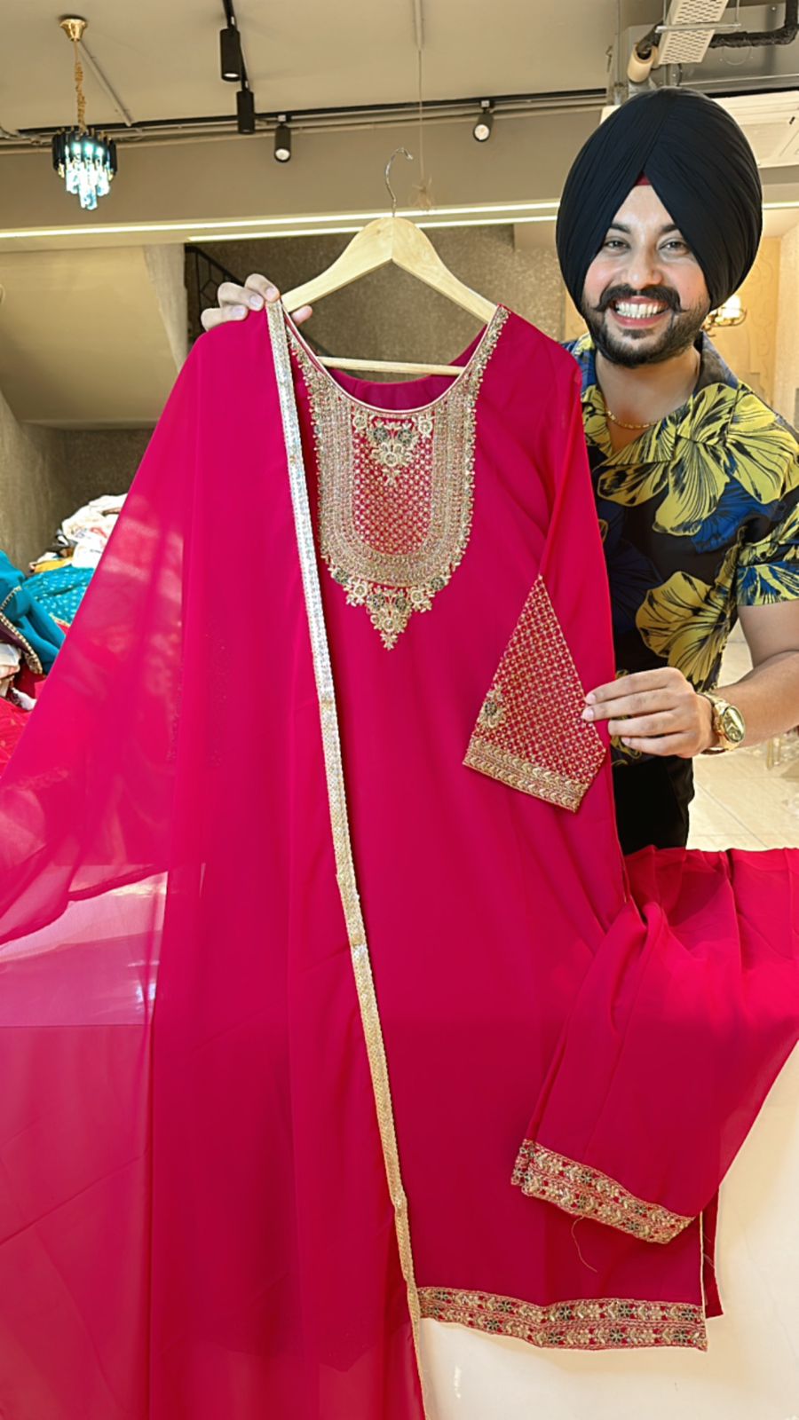 Rani pink Georgette Straight Suit with Beautiful Embroidery work