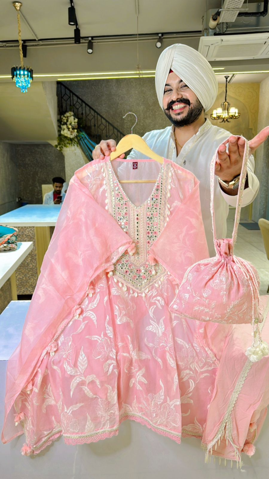 Pink Fully Embroidered Organza Kaftan Coord set with Sttlish Tulip pants & cute Potli