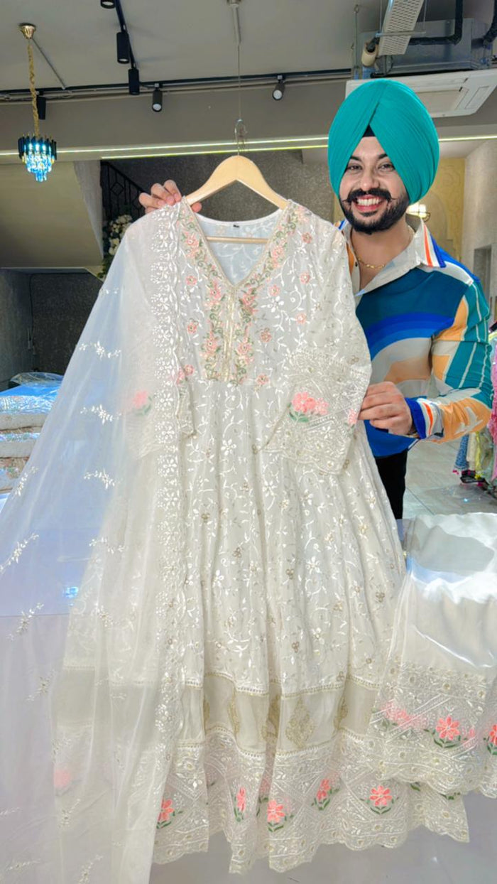 Moon white Floral Print Full Flair Anarkali Suit with Hand embroidery Work on neck main image 0
