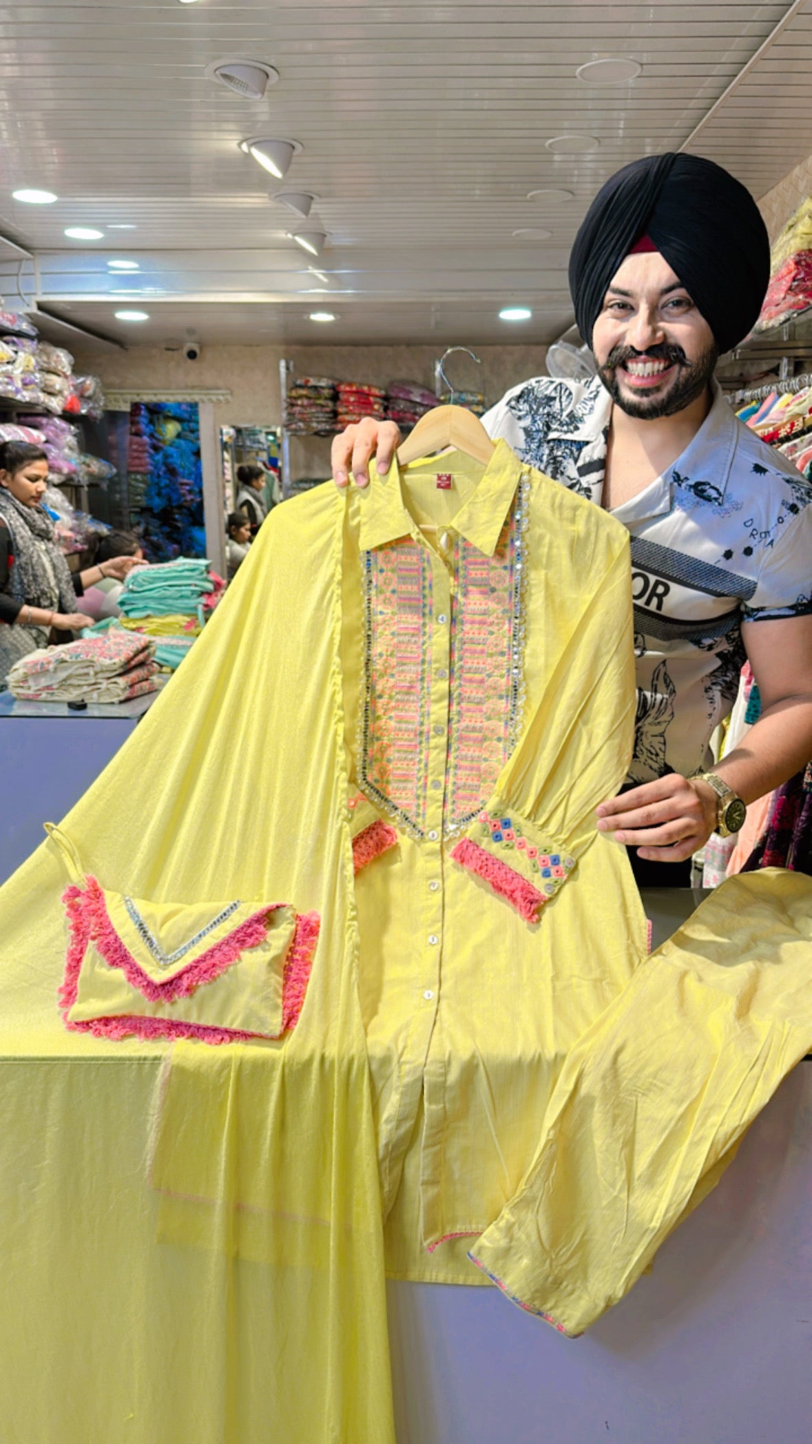 Light yellow Pure cotton Indowestern suit with Purse