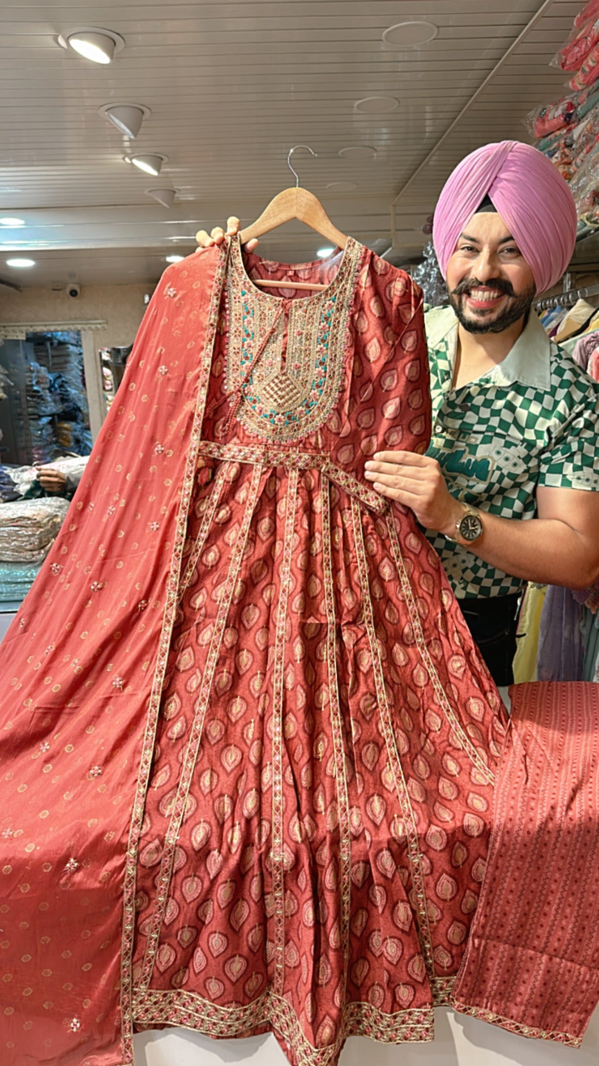 Rust muslin Silk Anarkali with Embroidery work on neck