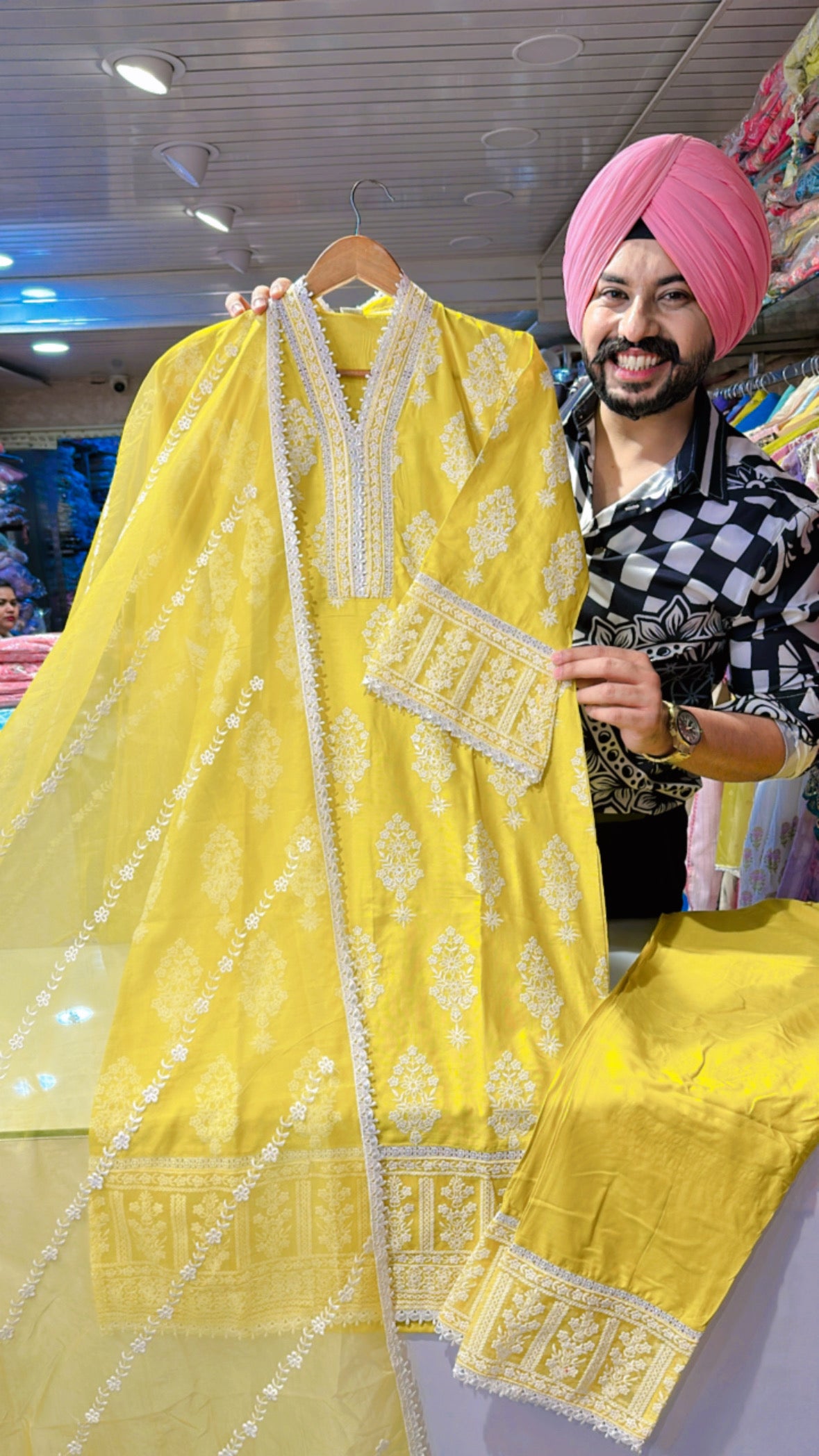 Yellow Rayon Embroidered Pakistani Suit with organza Duppata