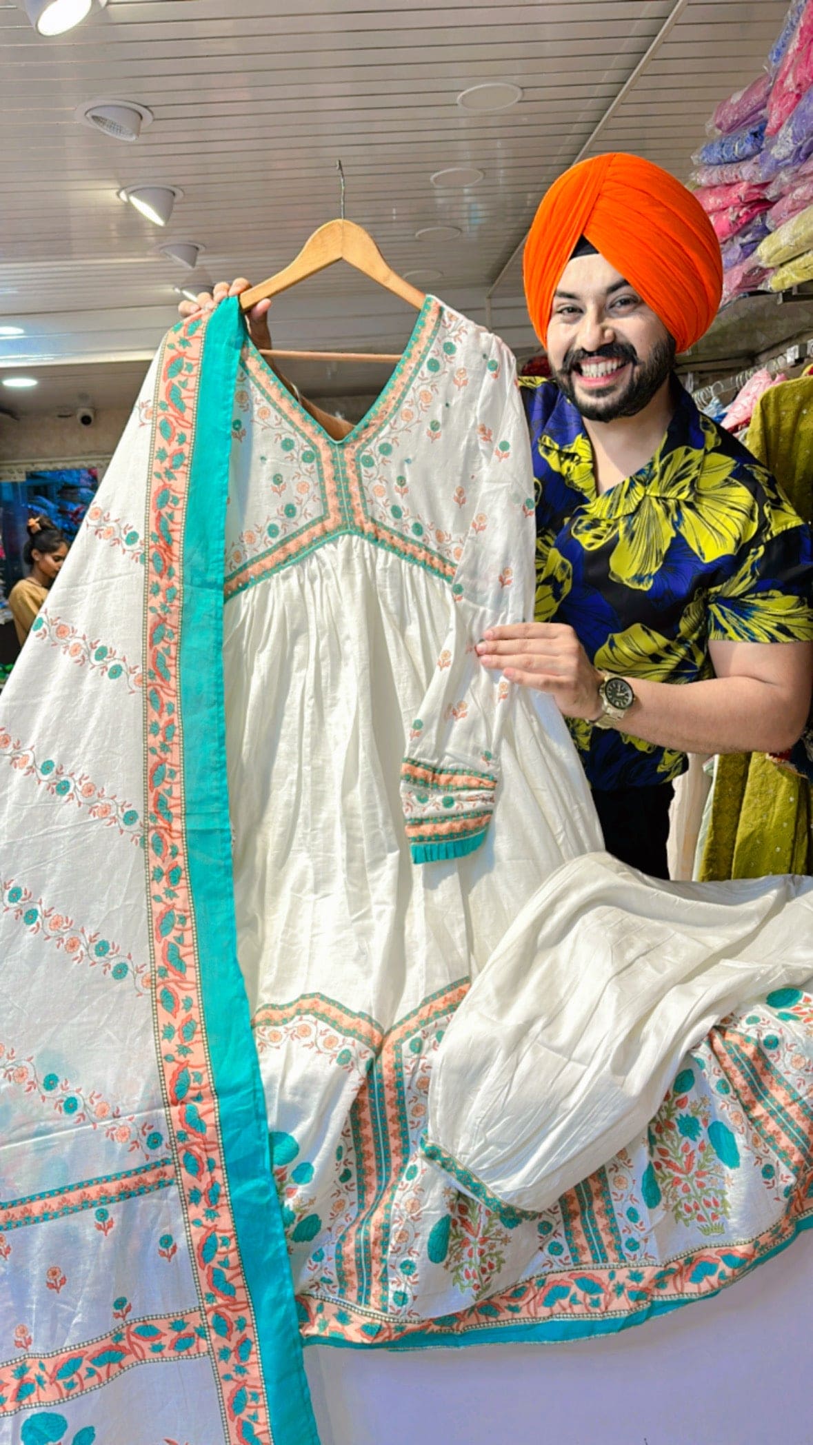 Moon White & Rama Green pure Mal Cotton Alia Anarkali suit with Pathani pants & Beautiful Duppata