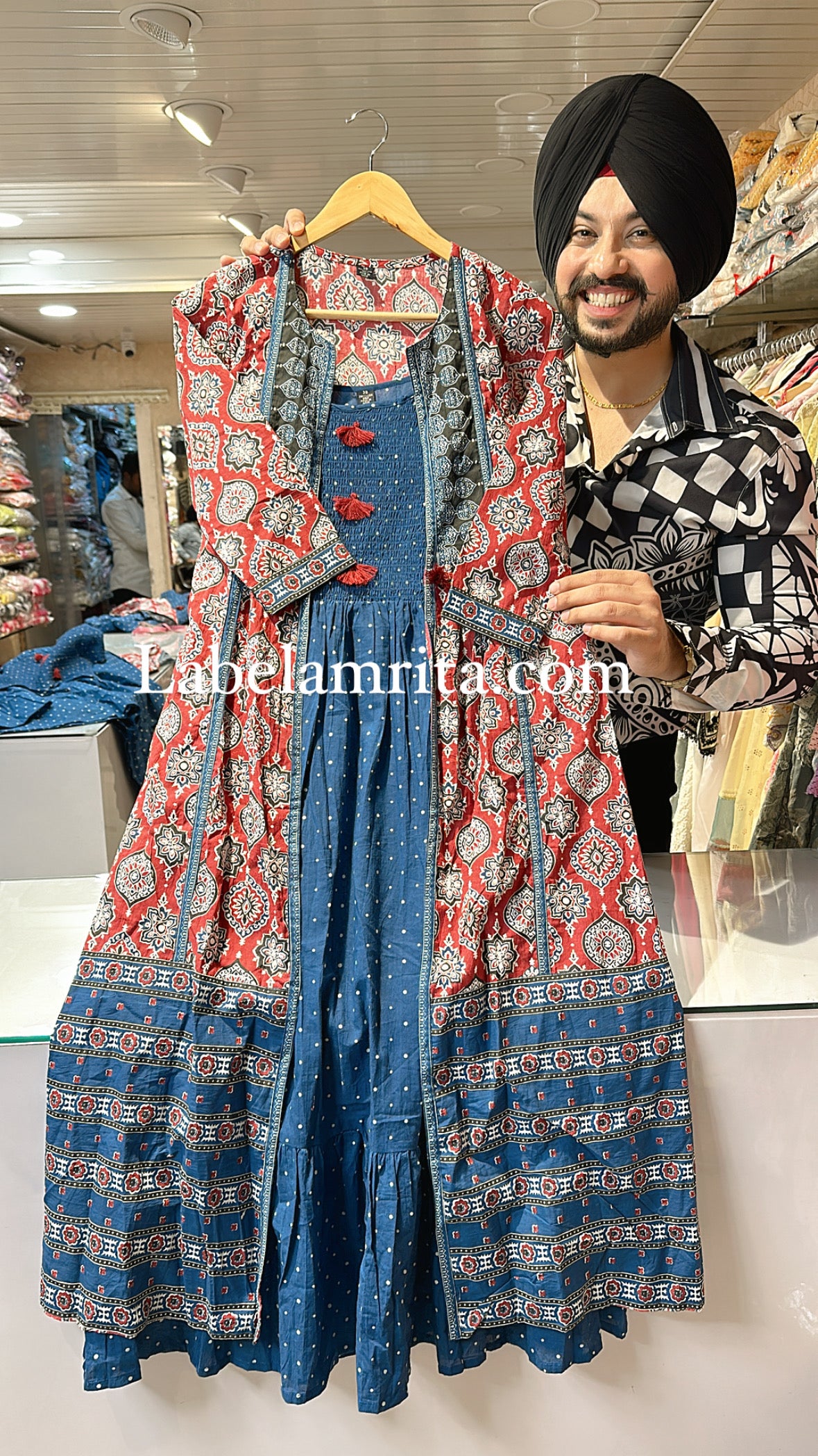 Denim blue Pure Cotton Indowestern dress with Kalamkari print stylish Shrug