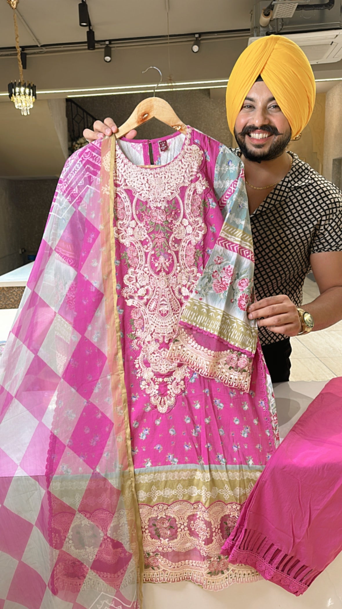 Pink Pure cotton Heavy embroidered Pakistani suit with digital print chiffon Duppata