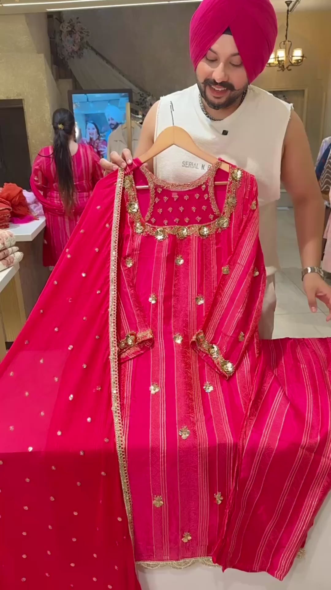 Rani pink Premium Silk Designer Neck Party Wear Suit with Heavy Hand embroidery work on neck & sequins work Chinon Duppata