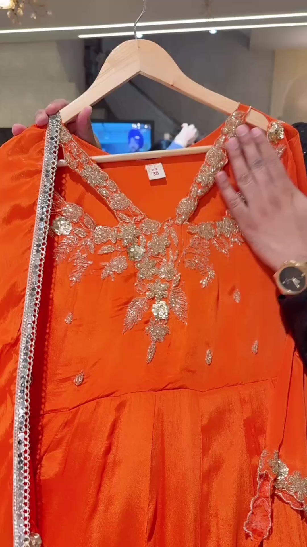 Orange Designer Neck & Sleeves Hand Embroidered Georgette Anarkali Gow