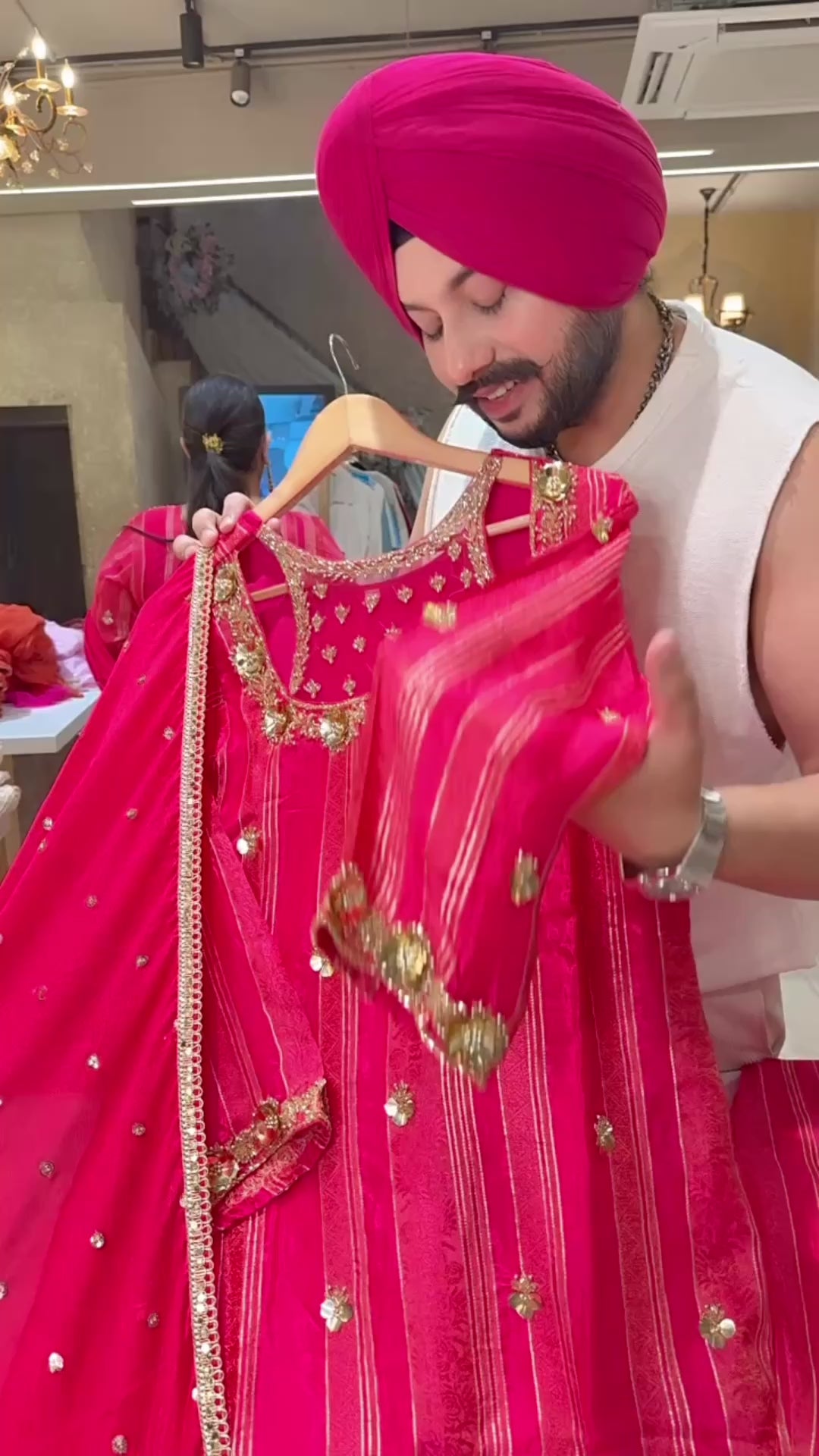 Rani pink Premium Silk Designer Neck Party Wear Suit with Heavy Hand embroidery work on neck & sequins work Chinon Duppata