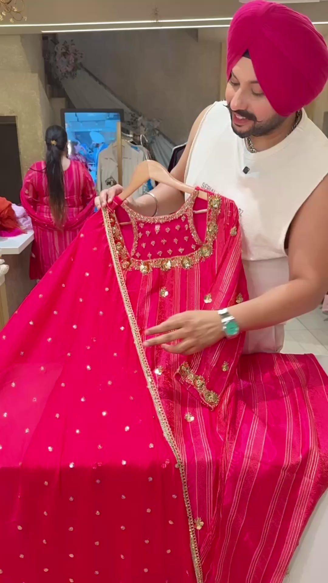 Rani pink Premium Silk Designer Neck Party Wear Suit with Heavy Hand embroidery work on neck & sequins work Chinon Duppata