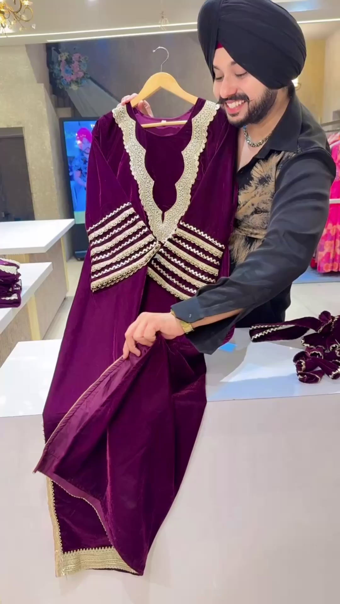 Dark wine Velvet Heavy Embroidered & Gotta Work Straight side Slit One