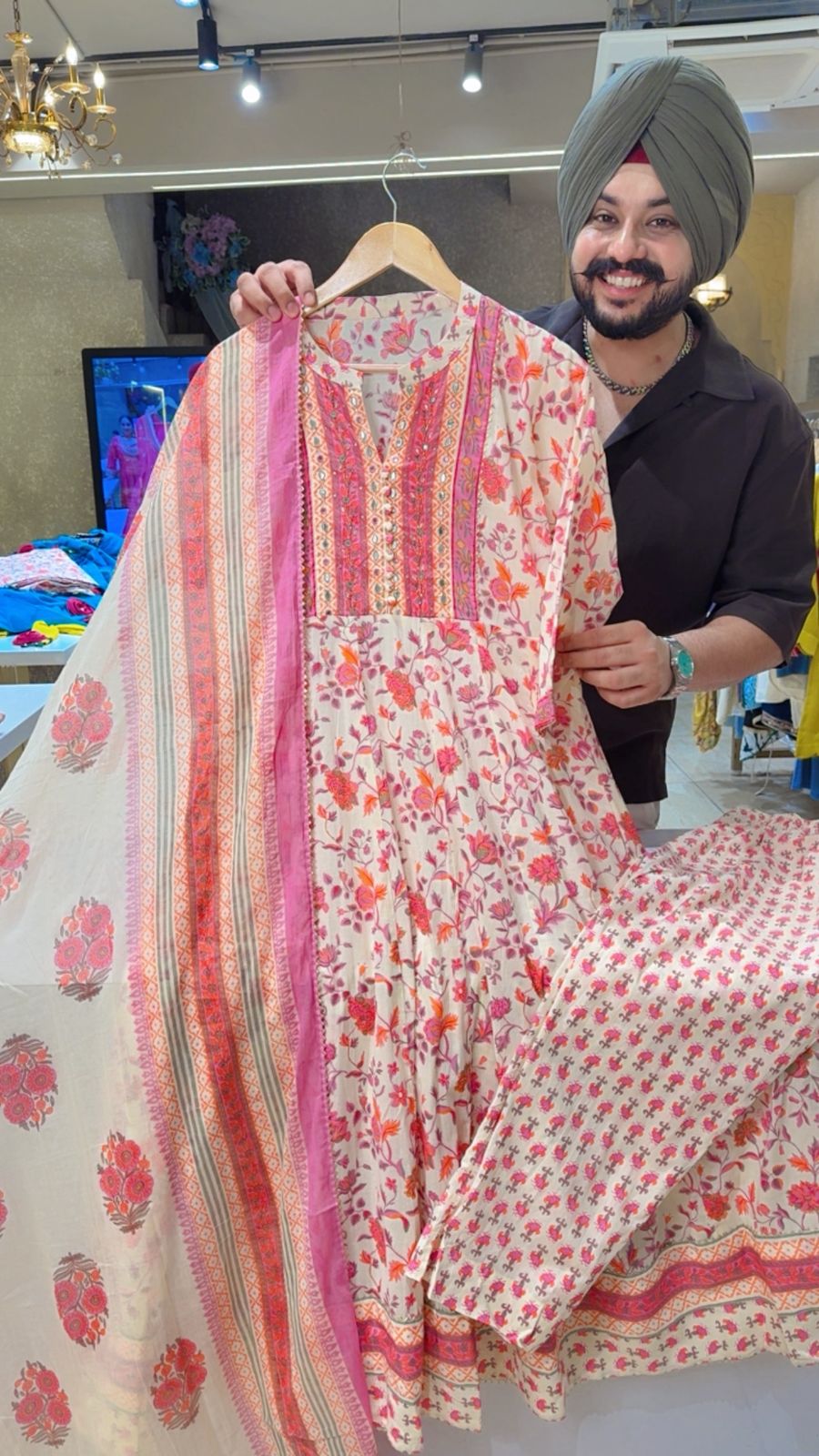 Cream & Pink Pure Cotton Full Fliar Anarkali Suit with Beautiful Embroidery work on Neck