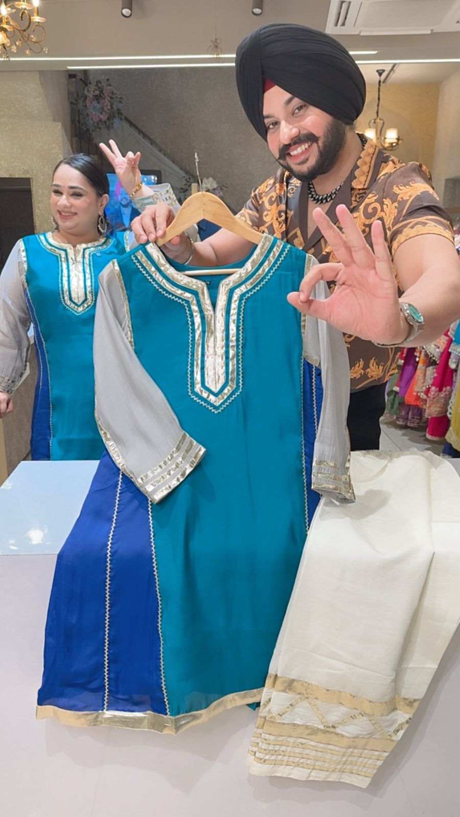 Rama & Blue Soft Silk Celebrity Inspired Palum Gotta Patti Farshi Coord set