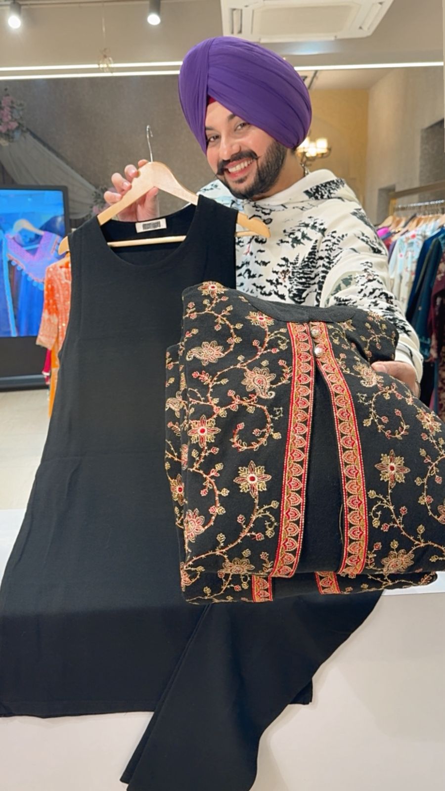 Black Woolen Coord set with Heavy Embroidered Long Length Shrug