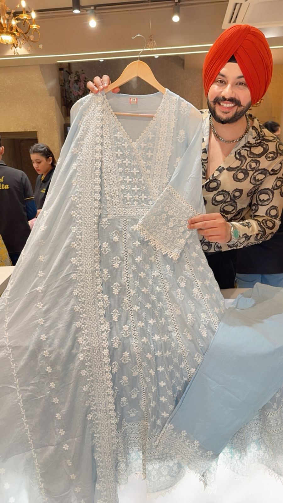 Powder blue Mal Cotton Full Flair Fully Embroidered  Summerish Anarkali Suit with Beautiful Duppata