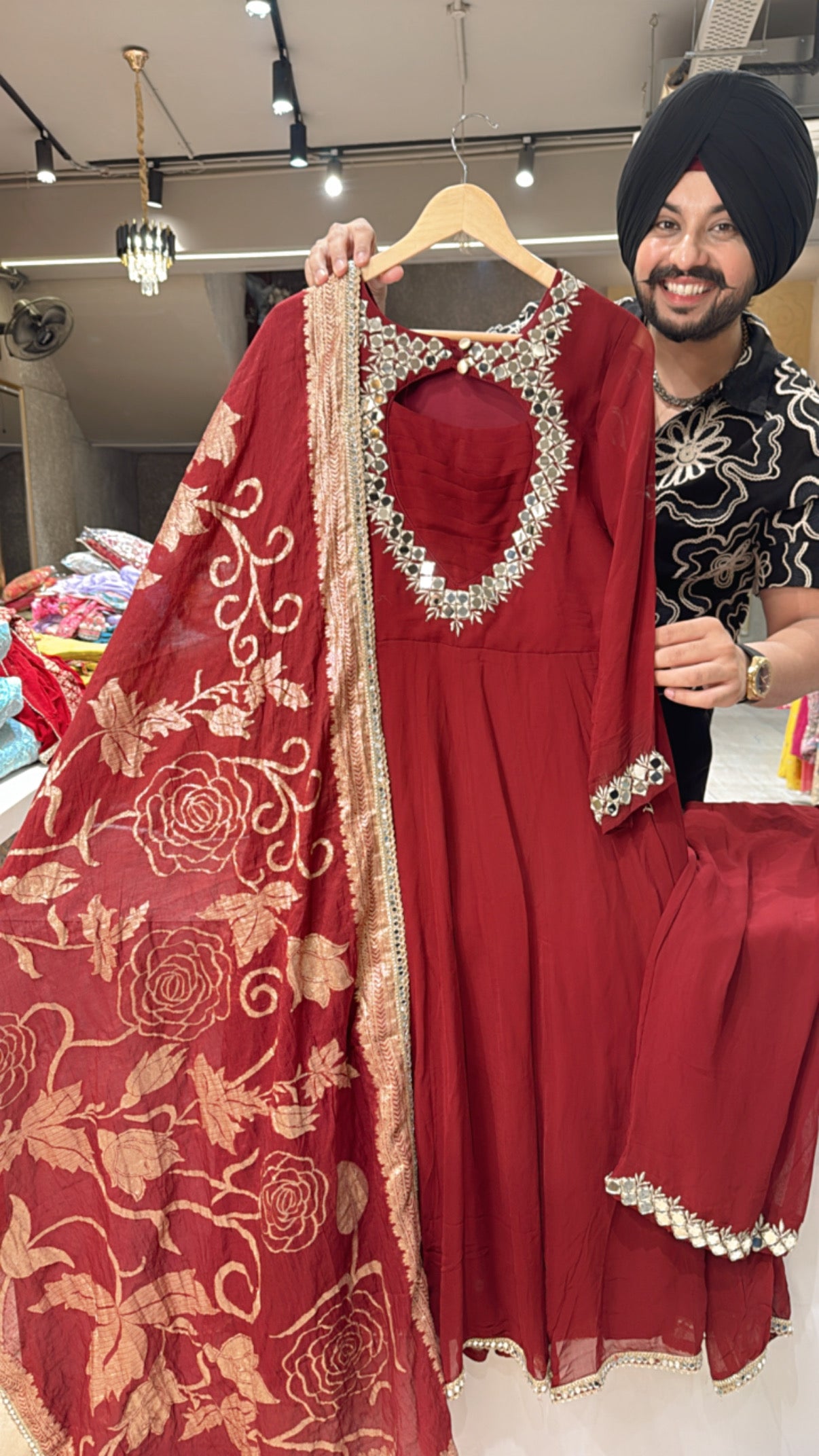 Maroon Georgette Heavy Mirror work Designer neck Anarkali Suit with Beautiful Banarasi look Duppata